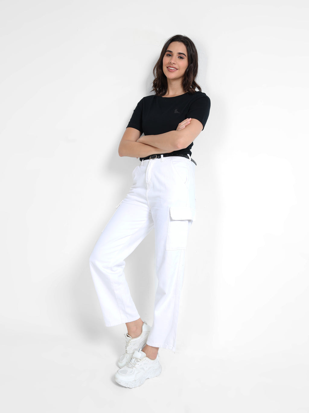 Black Cotton Crew Neck Logo T-Shirt For Women