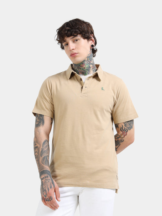 Beige Self Craft Polo Tee for Men