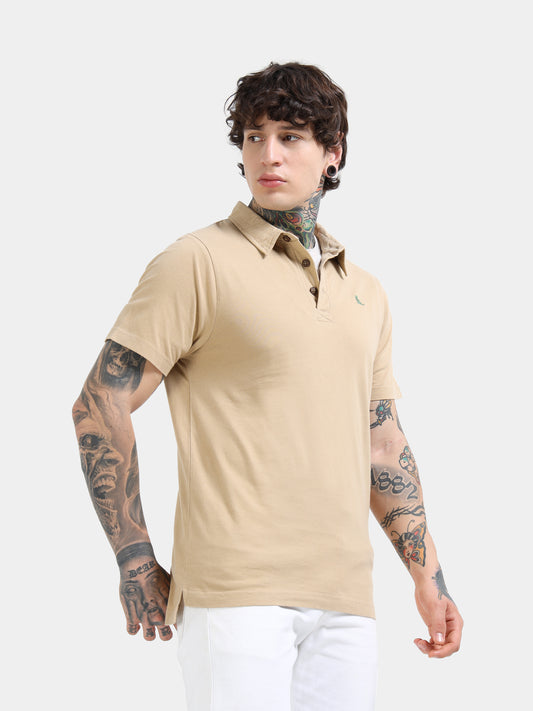 Beige Self Craft Polo Tee for Men