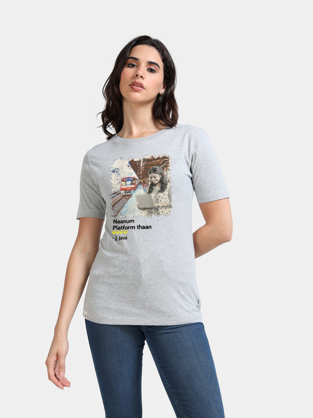 Melange Cotton Crew Neck Printed T-Shirt For Women