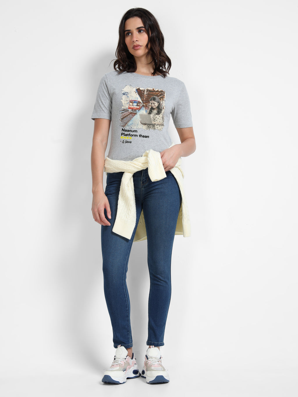 Melange Cotton Crew Neck Printed T-Shirt For Women