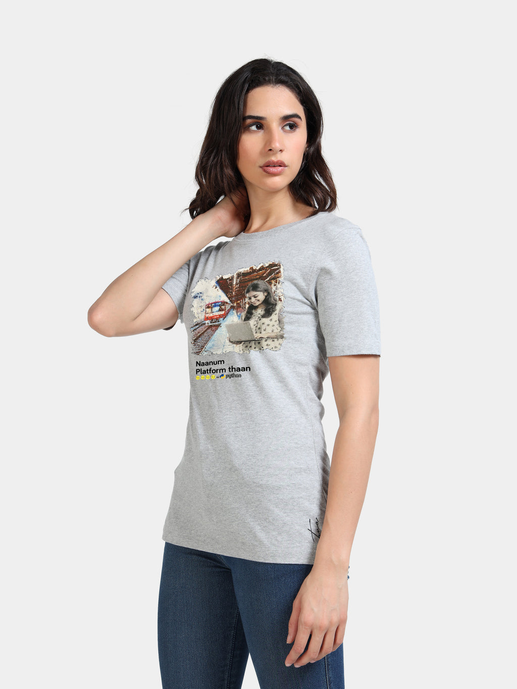 Melange Cotton Crew Neck Printed T-Shirt For Women