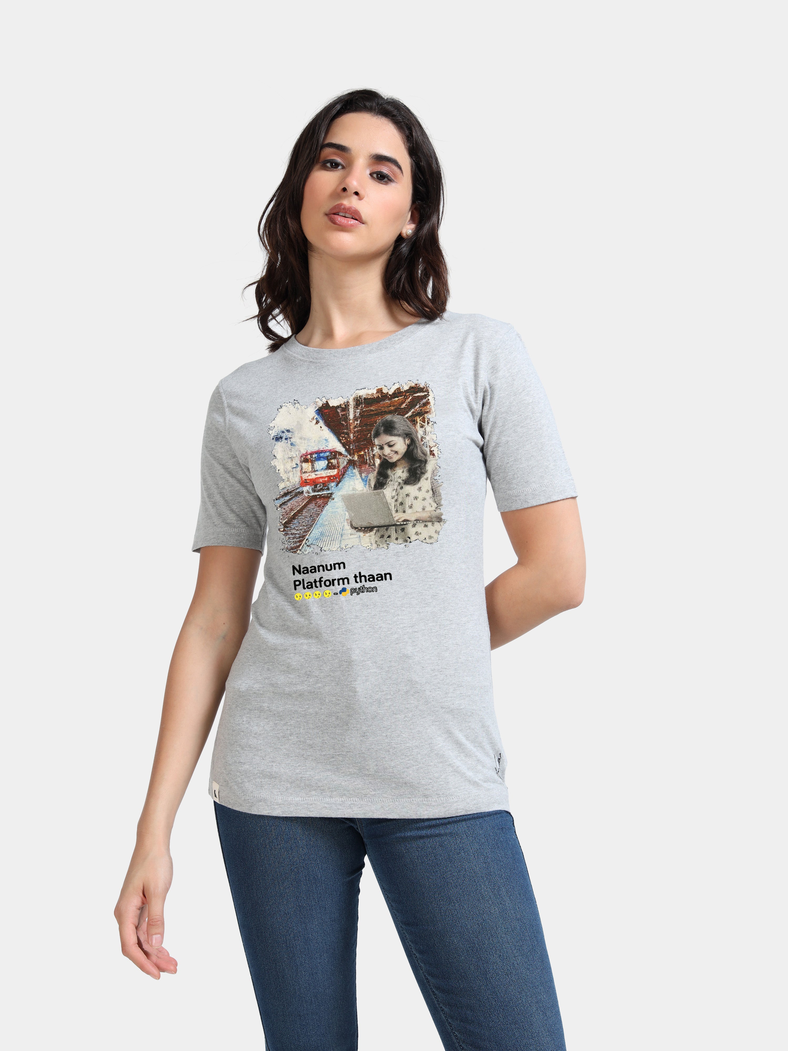 Melange Cotton Crew Neck Printed T-Shirt For Women