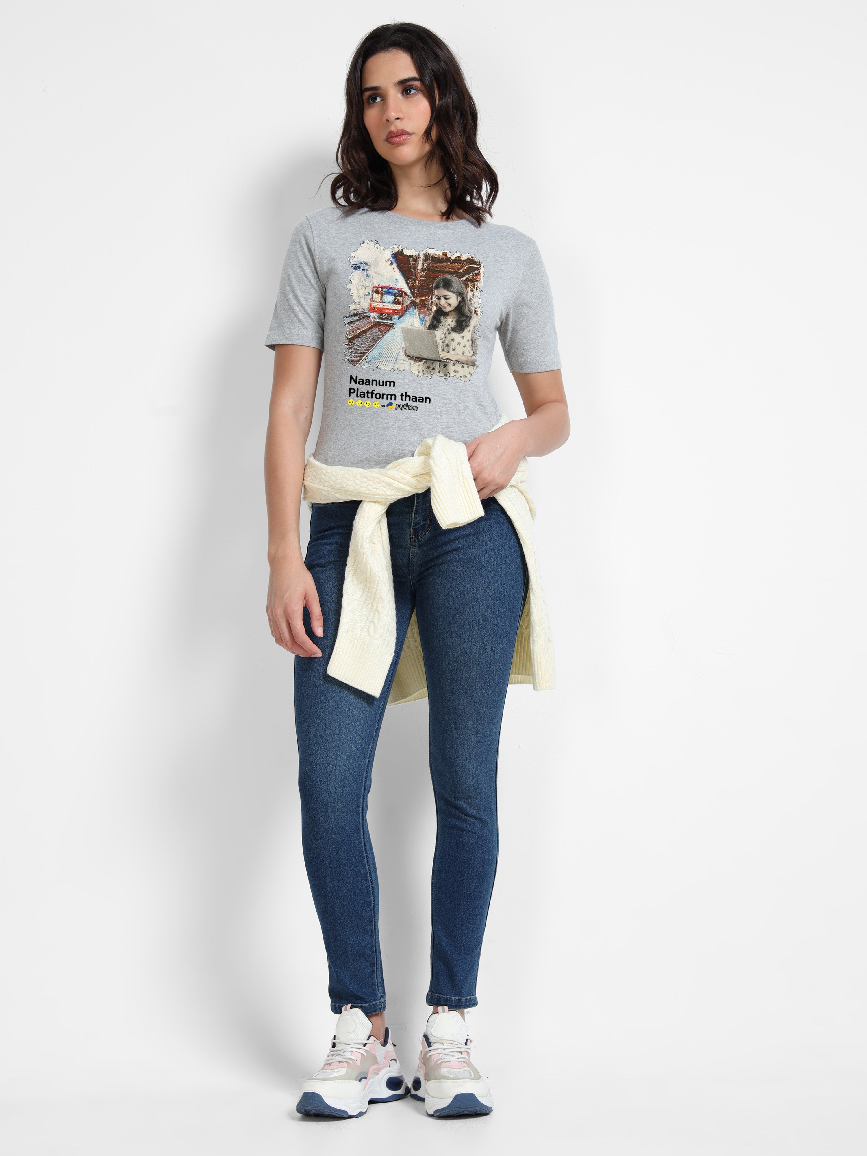 Melange Cotton Crew Neck Printed T-Shirt For Women