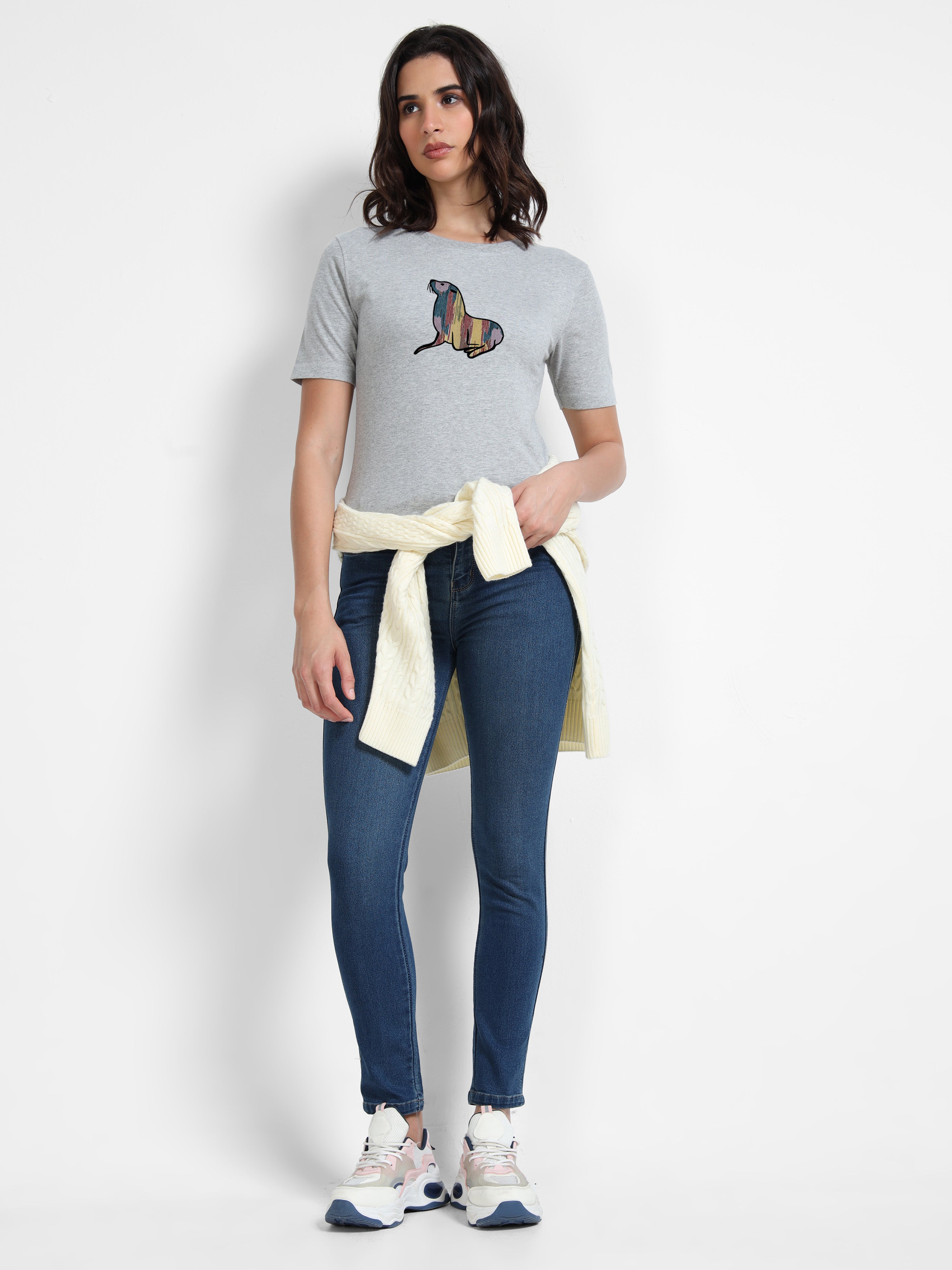 Melange Cotton Crew Neck Printed T-Shirt For Women
