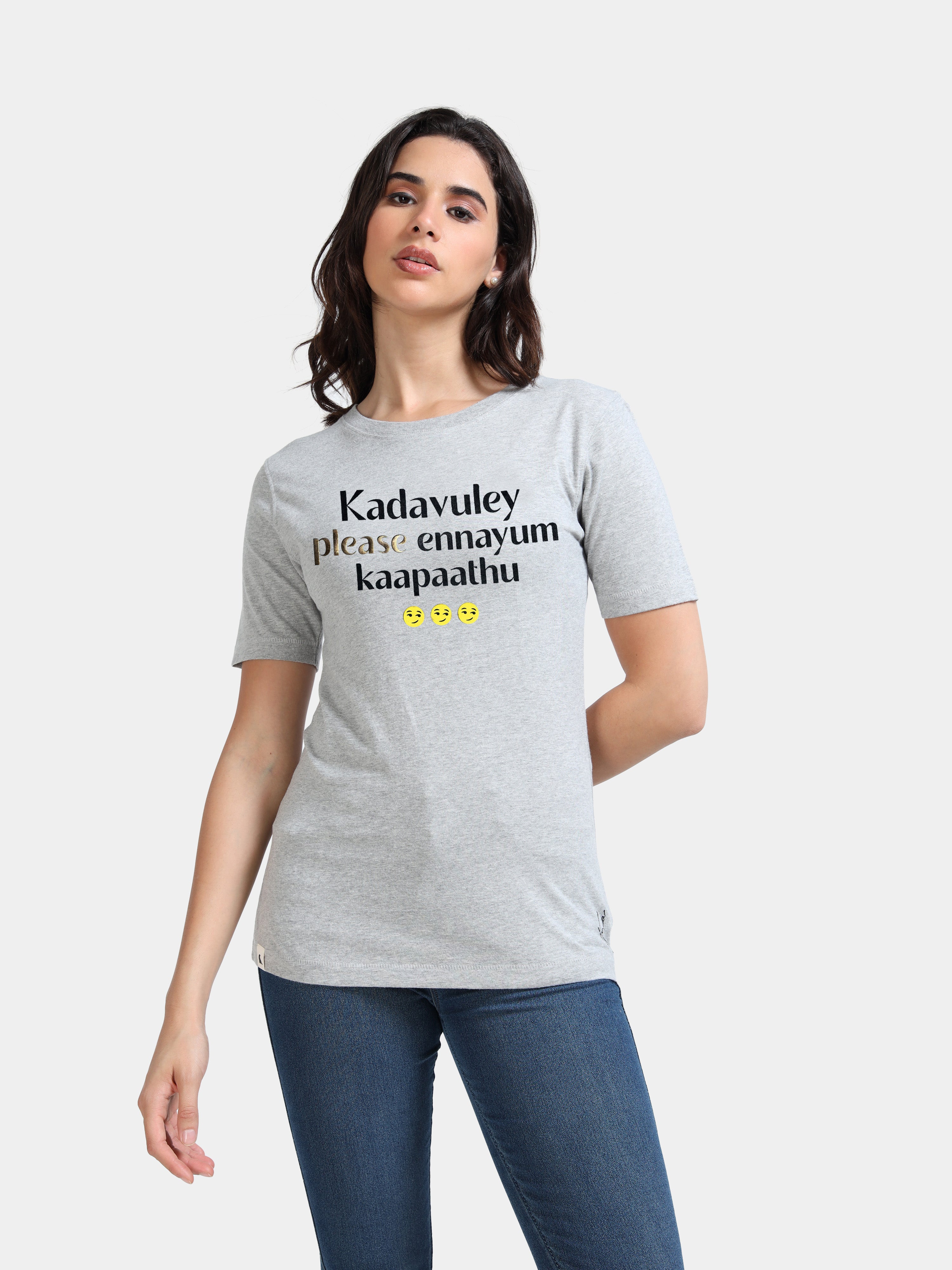 Melange Cotton Crew Neck Printed T-Shirt For Women