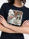 Navy Cotton Crew Neck Printed T-Shirt For Women
