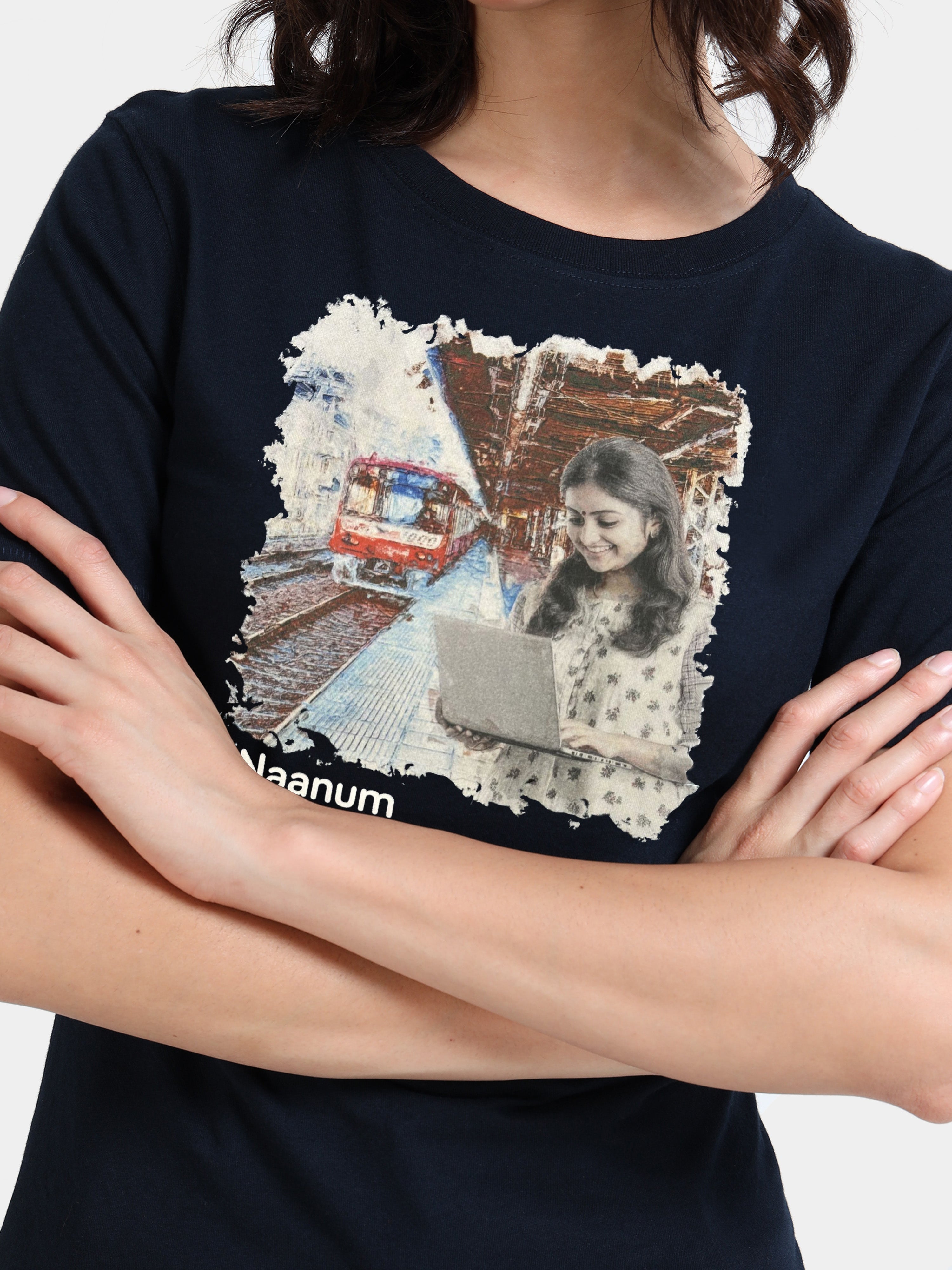 Navy Cotton Crew Neck Printed T-Shirt For Women