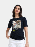 Navy Cotton Crew Neck Printed T-Shirt For Women