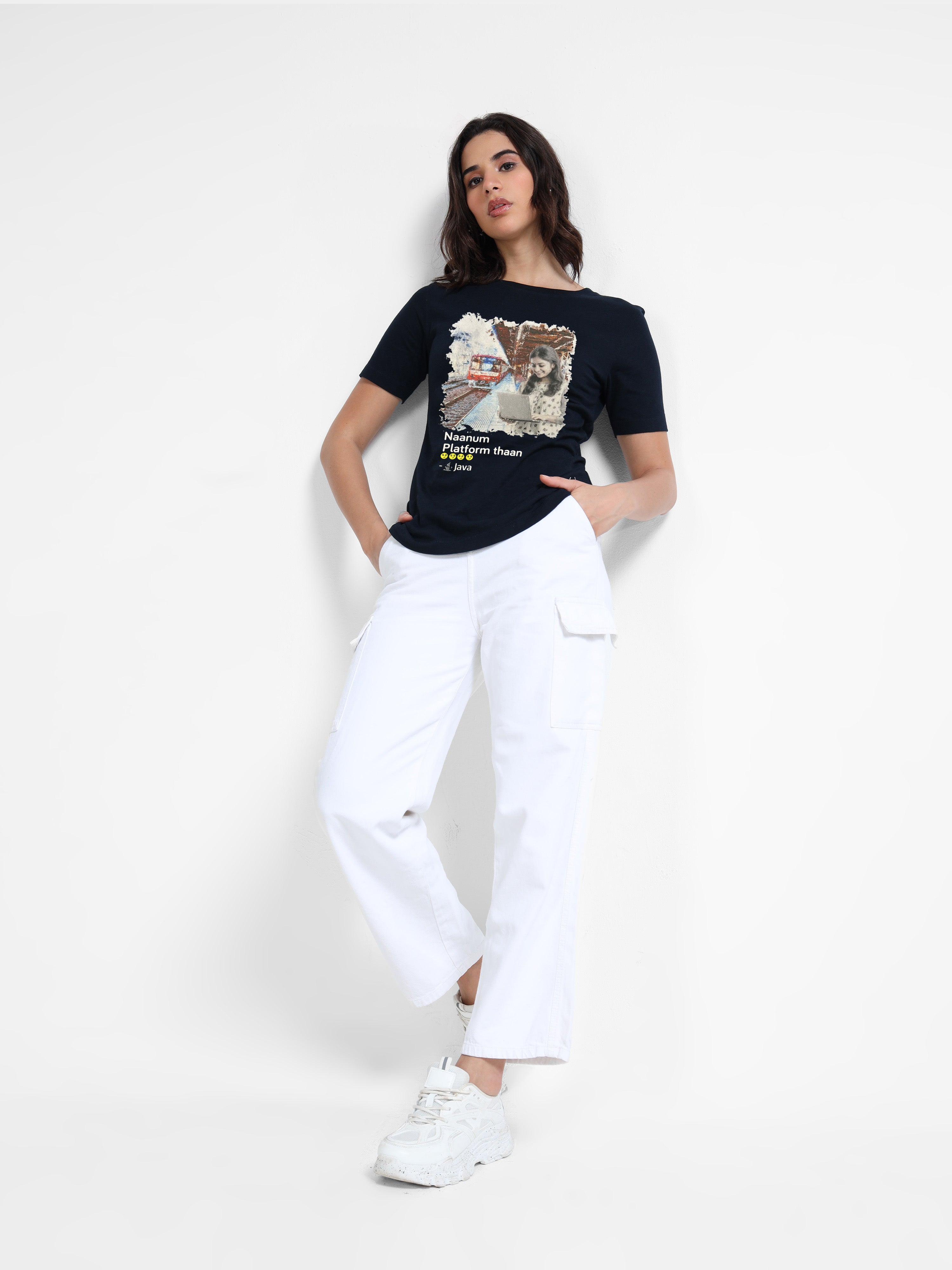 Navy Cotton Crew Neck Printed T-Shirt For Women