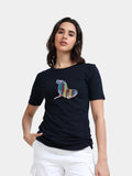 Navy Cotton Crew Neck Printed T-Shirt For Women