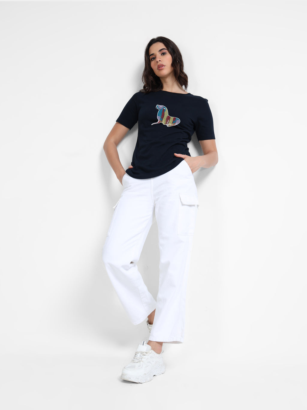 Navy Cotton Crew Neck Printed T-Shirt For Women