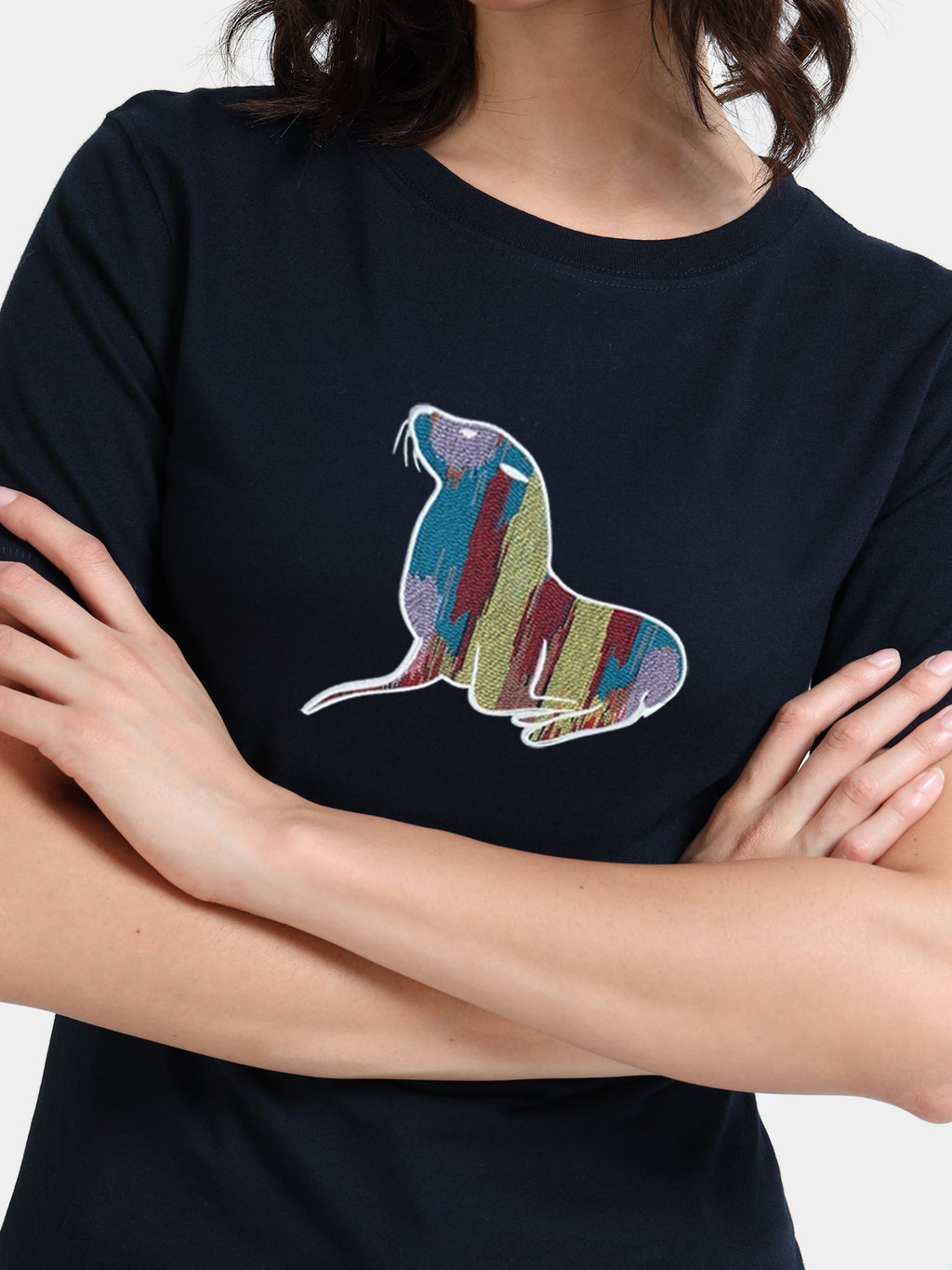 Navy Cotton Crew Neck Printed T-Shirt For Women