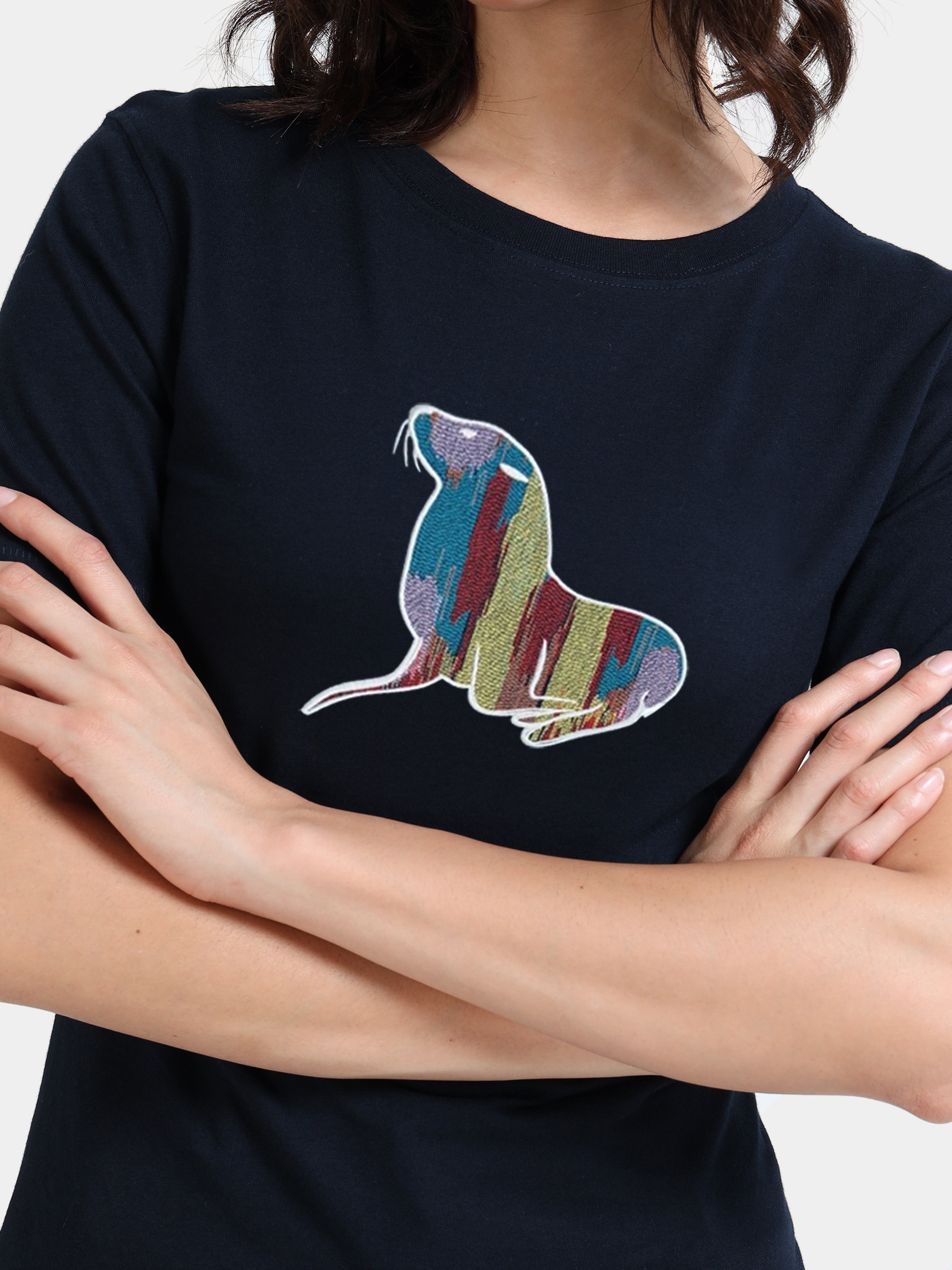 Navy Cotton Crew Neck Printed T-Shirt For Women