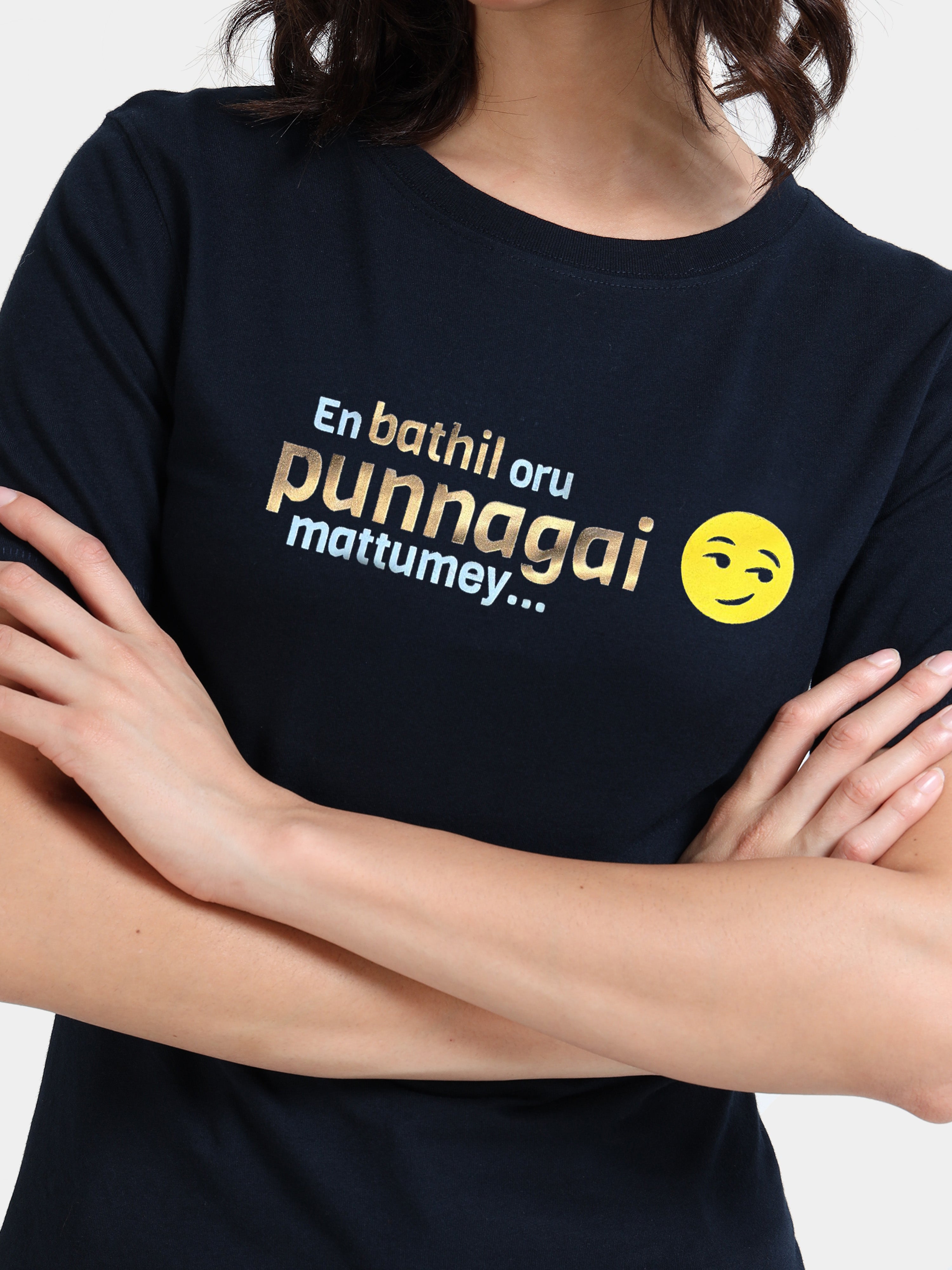 Navy Cotton Crew Neck Printed T-Shirt For Women