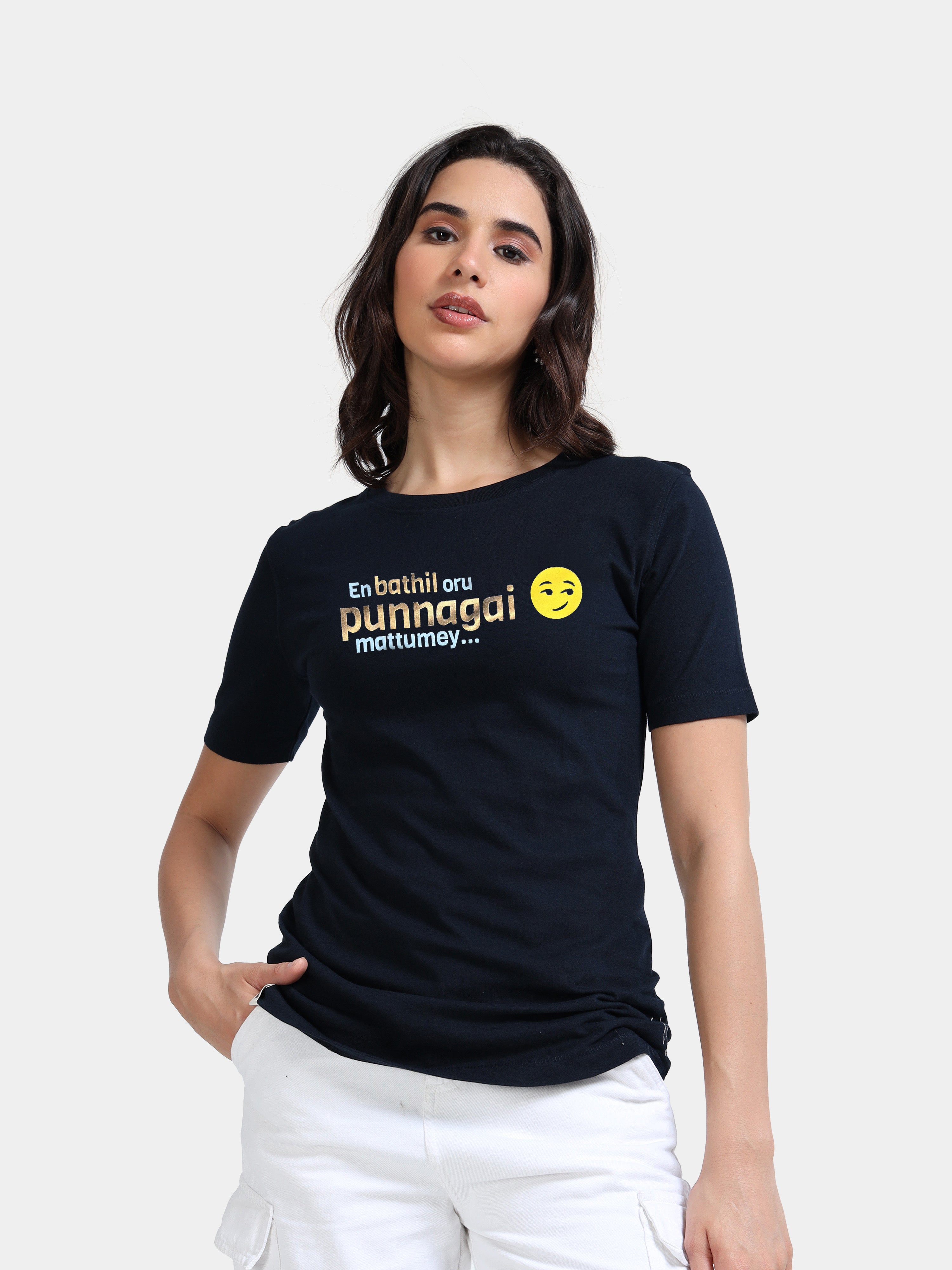 Navy Cotton Crew Neck Printed T-Shirt For Women