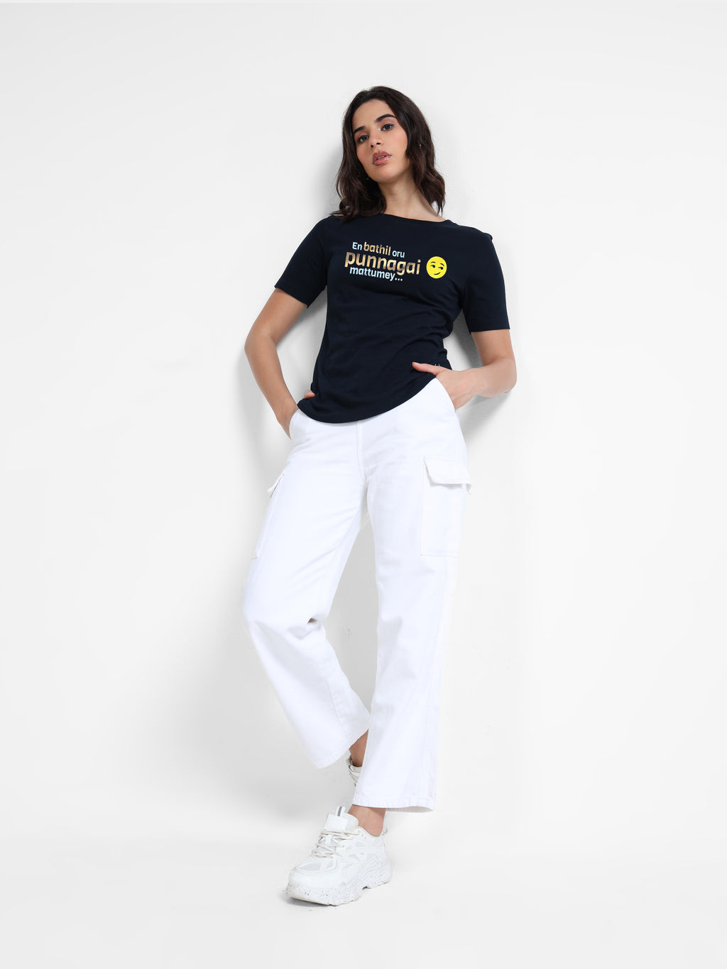 Navy Cotton Crew Neck Printed T-Shirt For Women