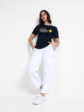 Navy Cotton Crew Neck Printed T-Shirt For Women