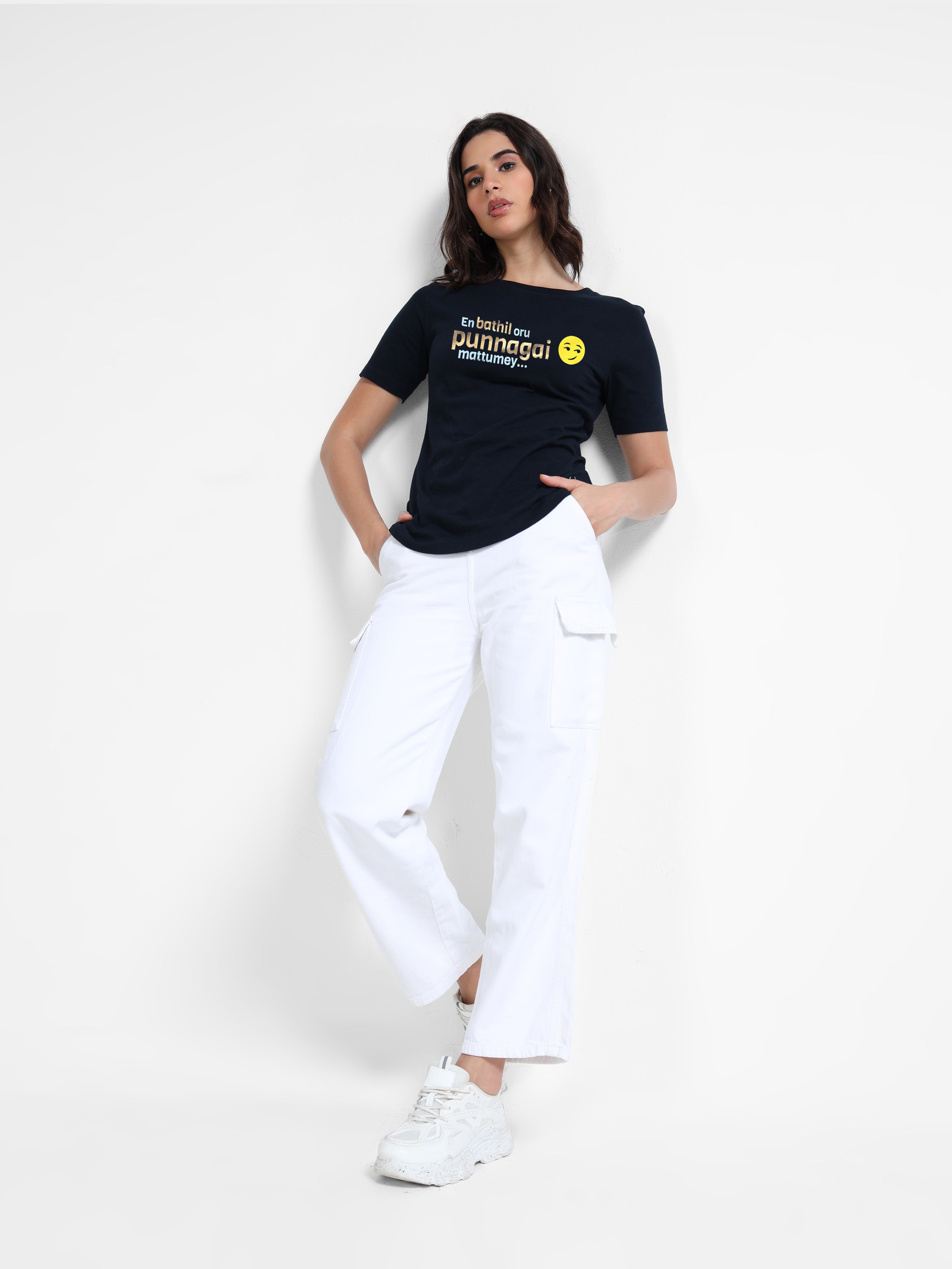 Navy Cotton Crew Neck Printed T-Shirt For Women