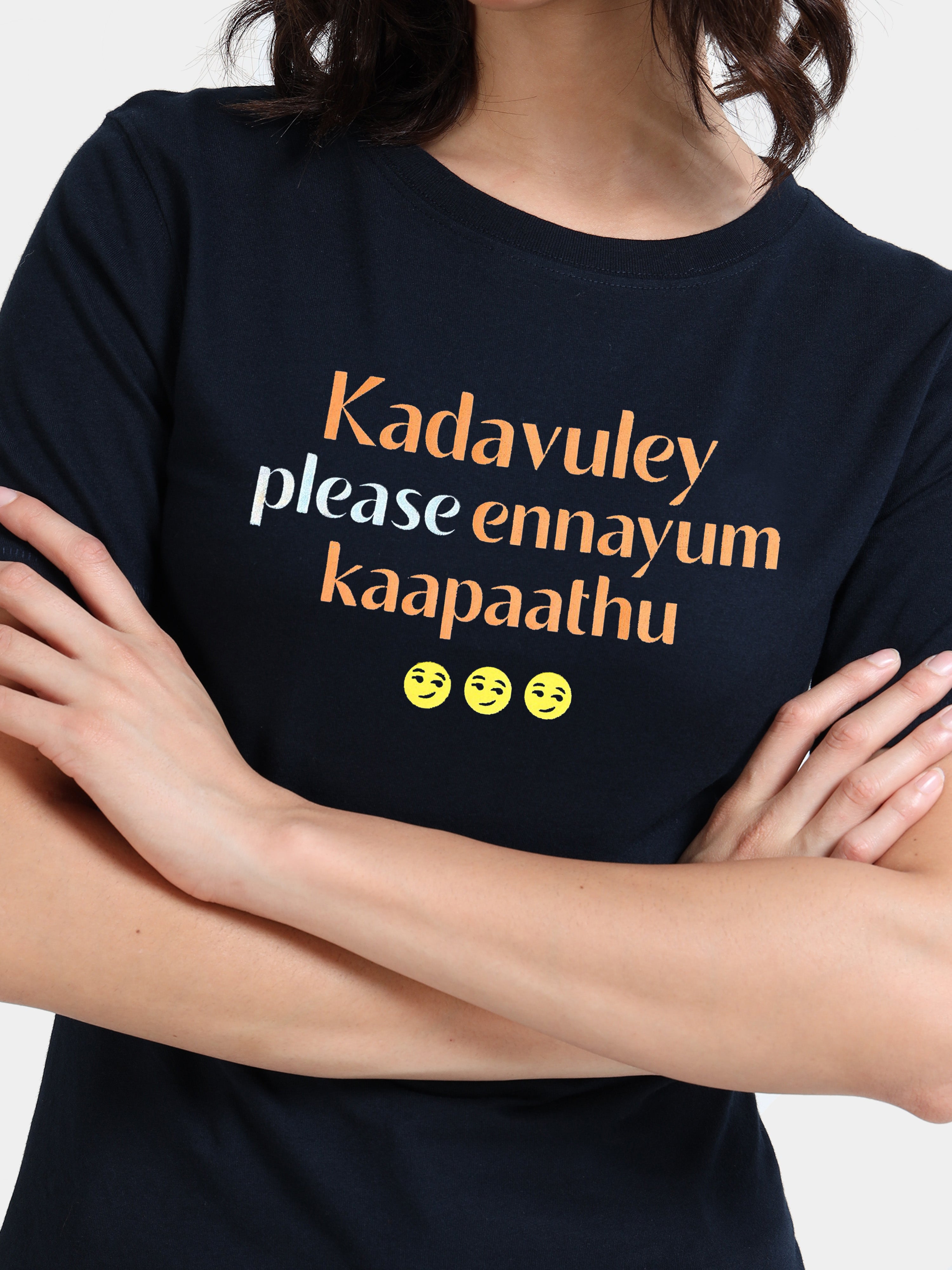 Navy Cotton Crew Neck Printed T-Shirt For Women