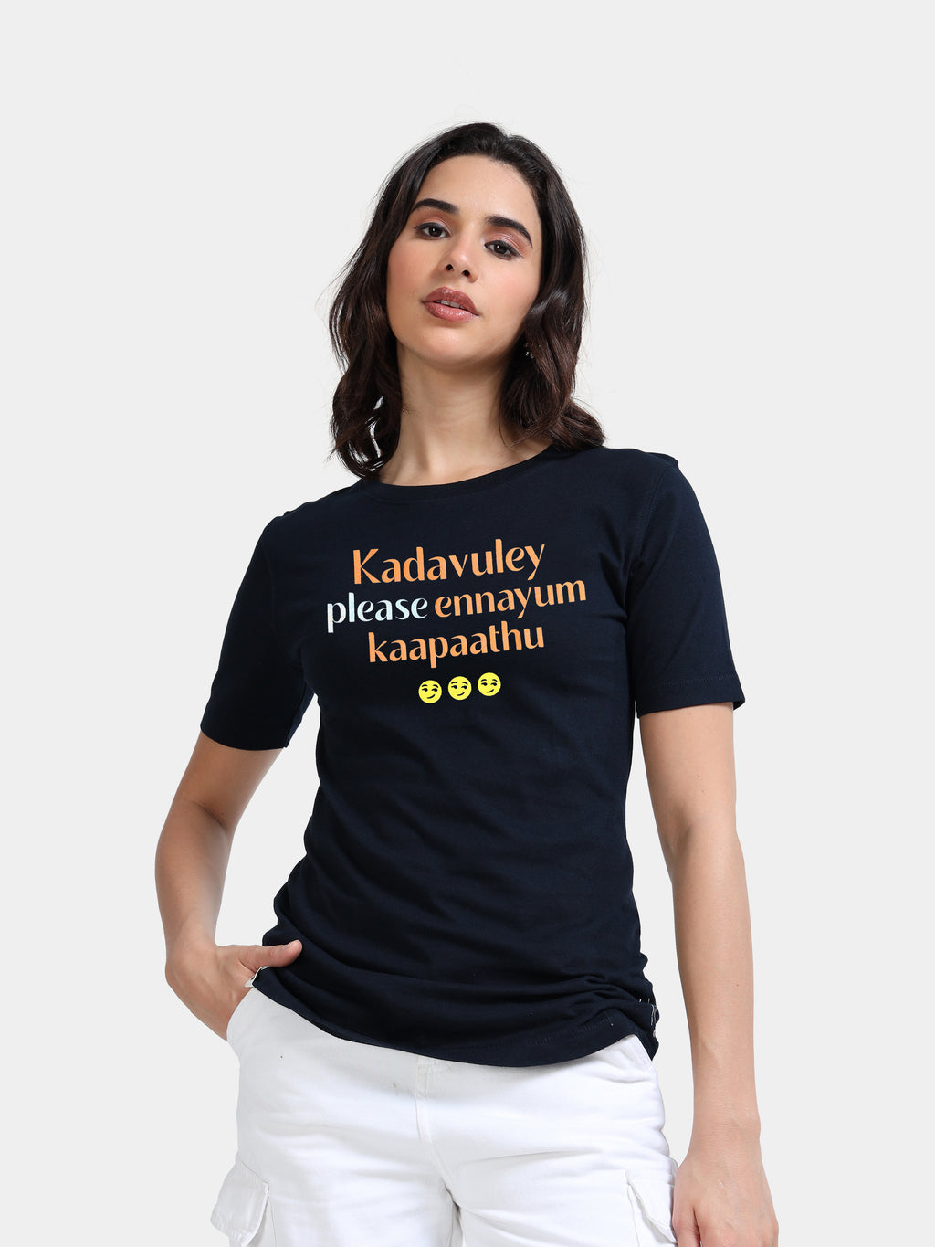 Navy Cotton Crew Neck Printed T-Shirt For Women