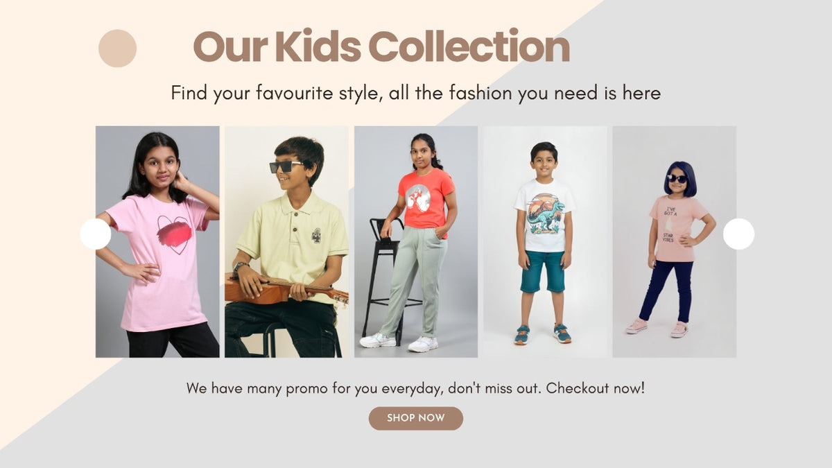 Promotional image of children's clothing with text 'Our Kids Collection' and promotional call-to-action.