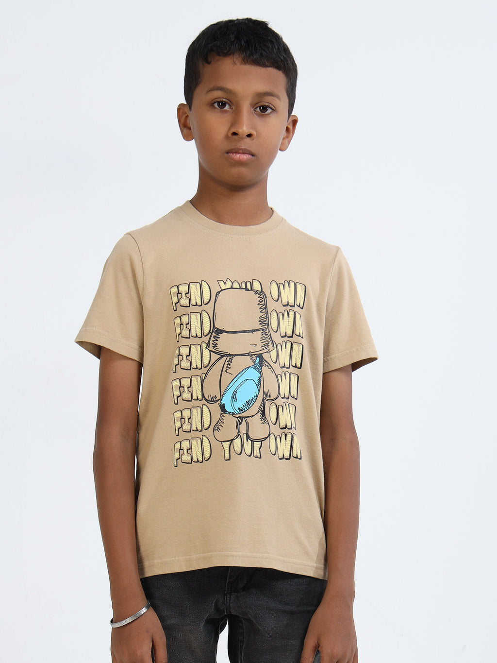 Beige 100% Cotton Crew Neck Boy's T Shirt