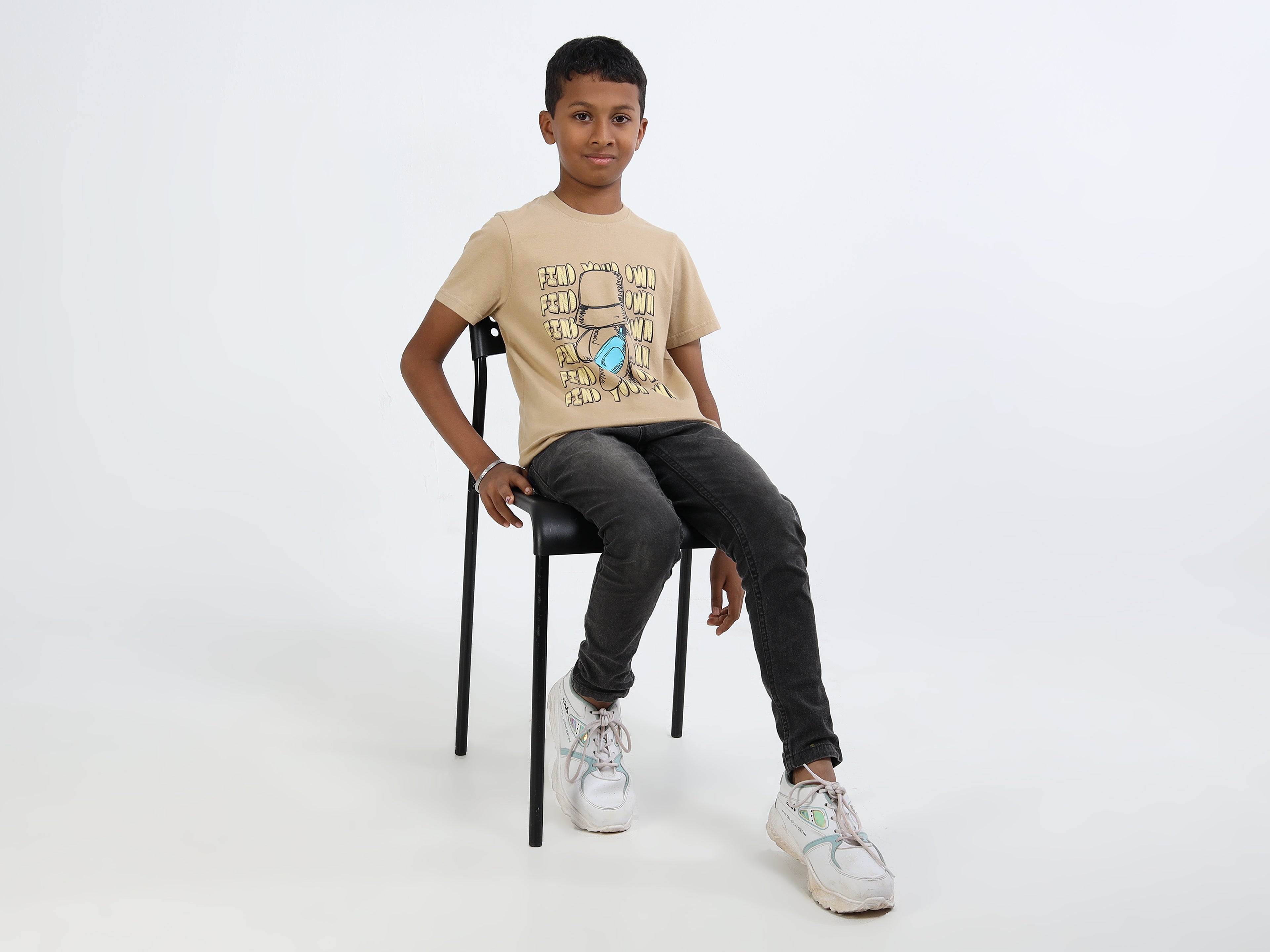 Beige 100% Cotton Crew Neck Boy's T Shirt