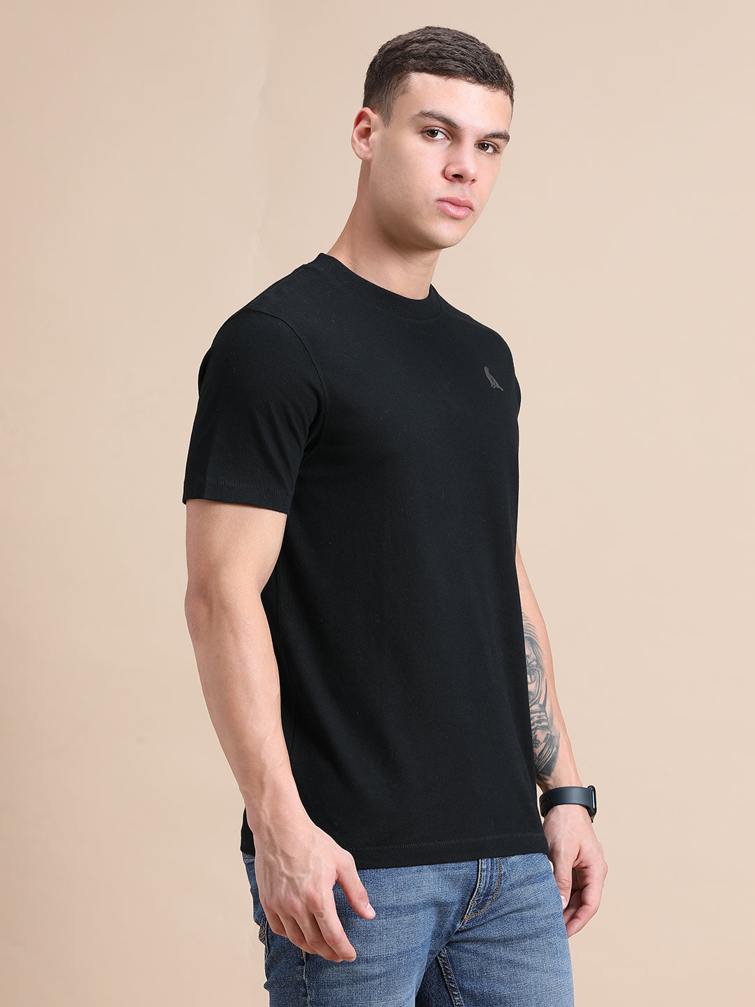 Black Cotton Crew Neck Logo T-Shirt For Men