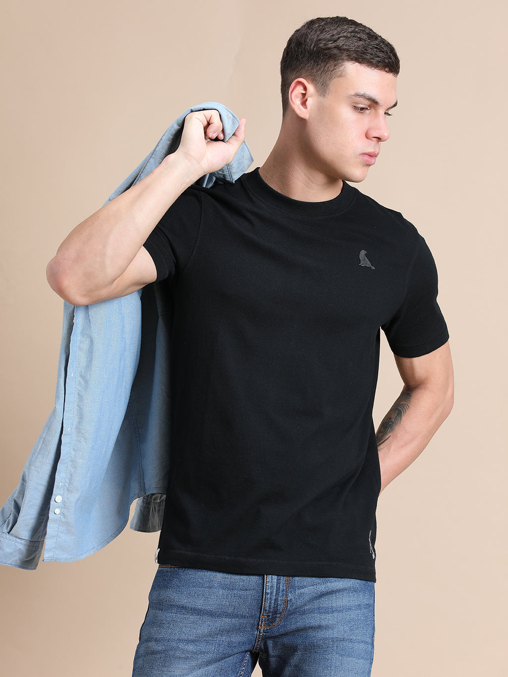Black Cotton Crew Neck Logo T-Shirt For Men
