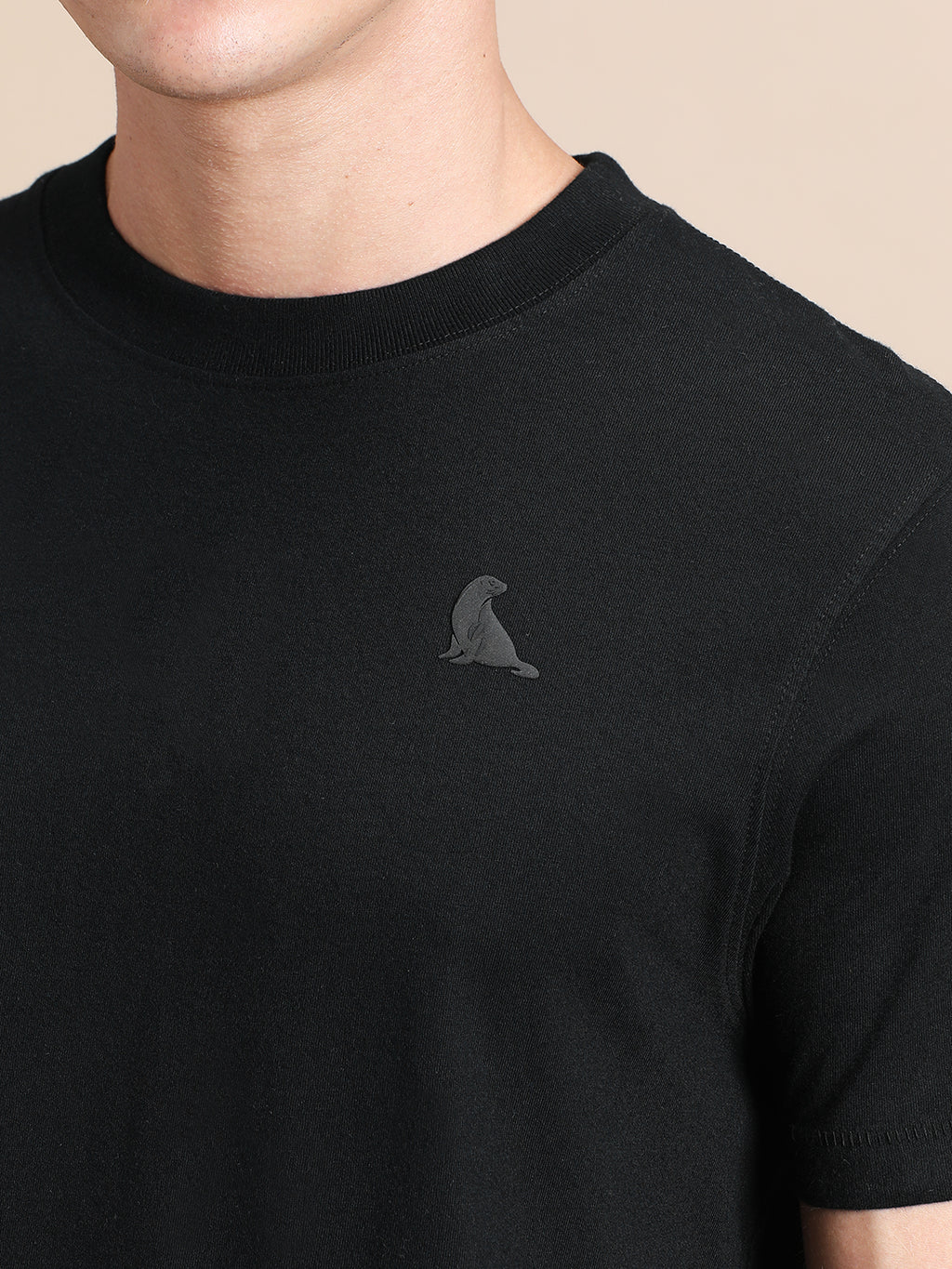 Black Cotton Crew Neck Logo T-Shirt For Men