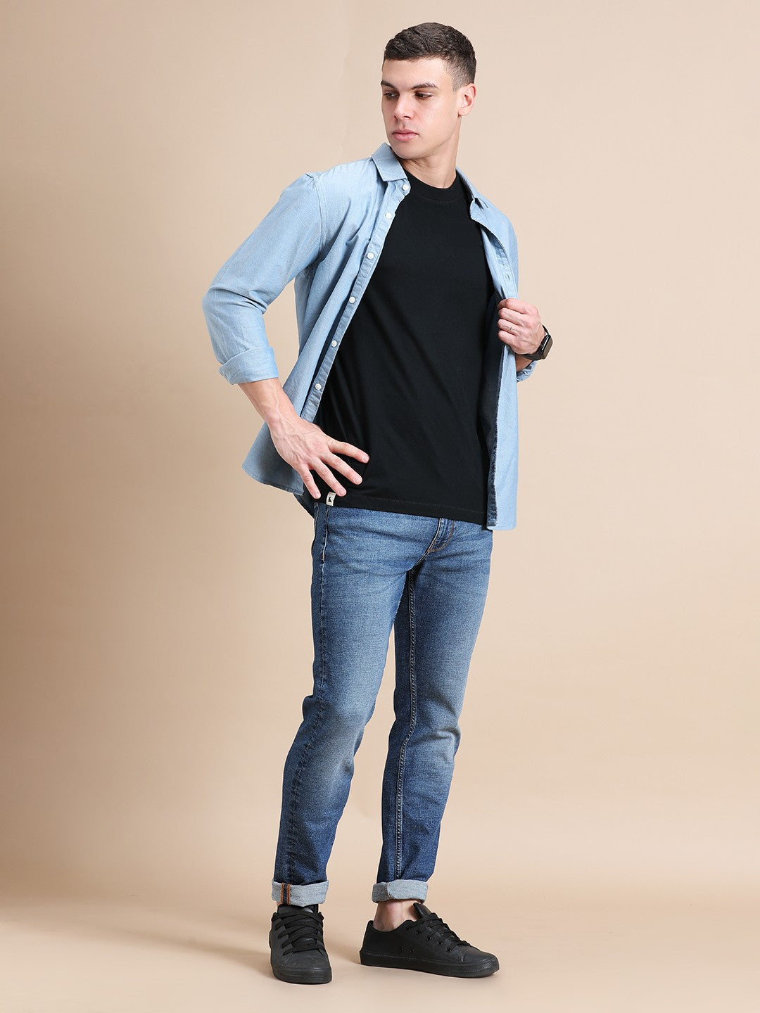 Black Cotton Crew Neck Plain T-Shirt For Men