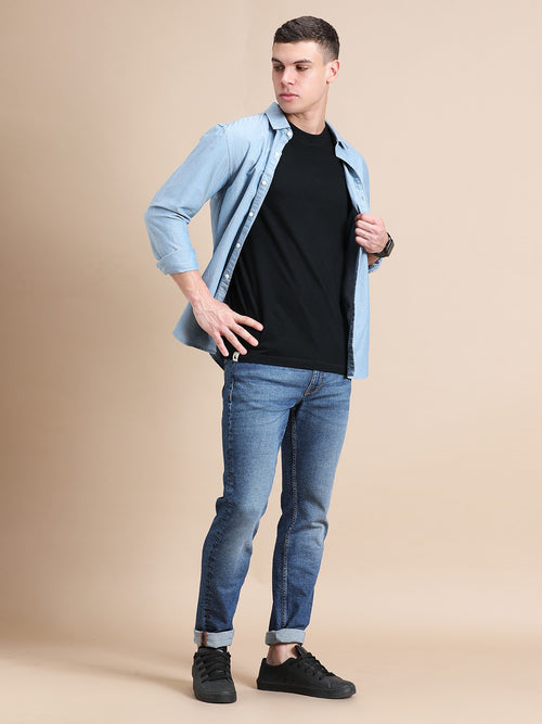 Black Cotton Crew Neck Plain T-Shirt For Men
