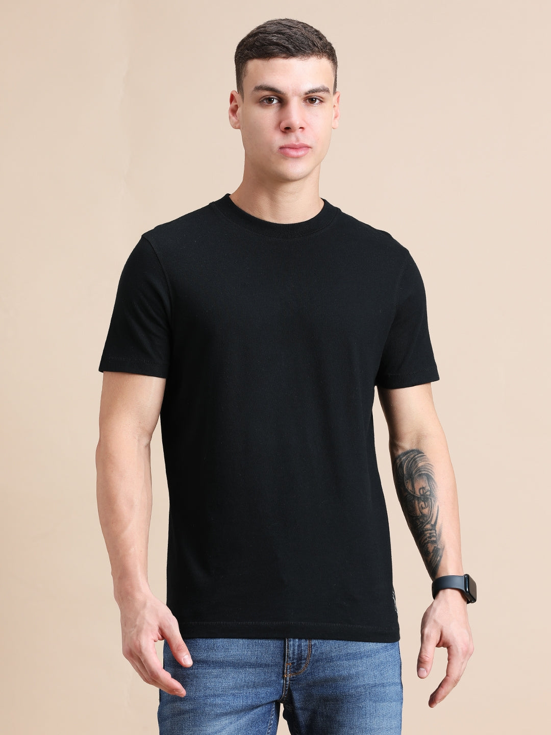 Black Cotton Crew Neck Plain T-Shirt For Men