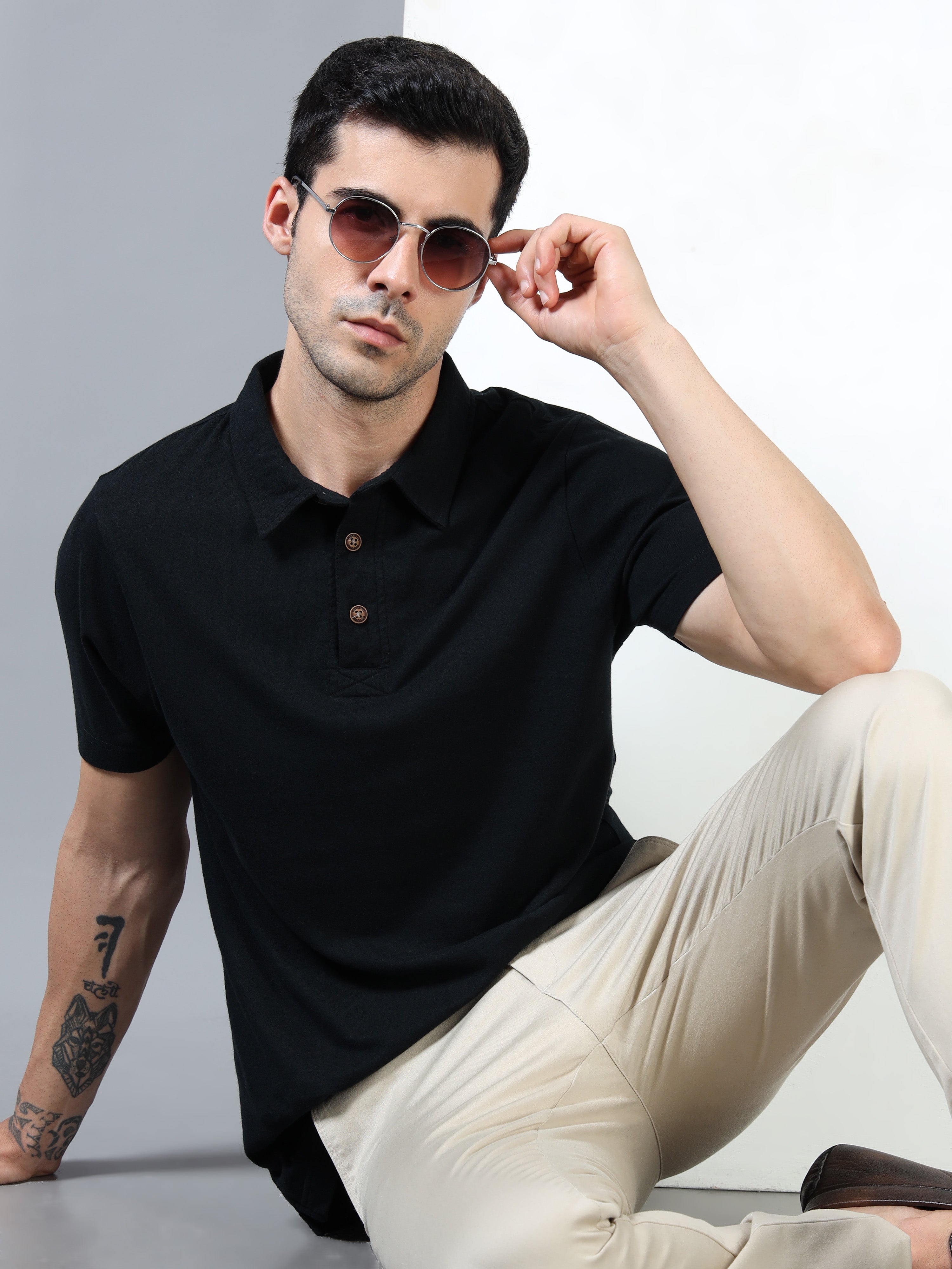 Black Self Craft Polo Tee for Men