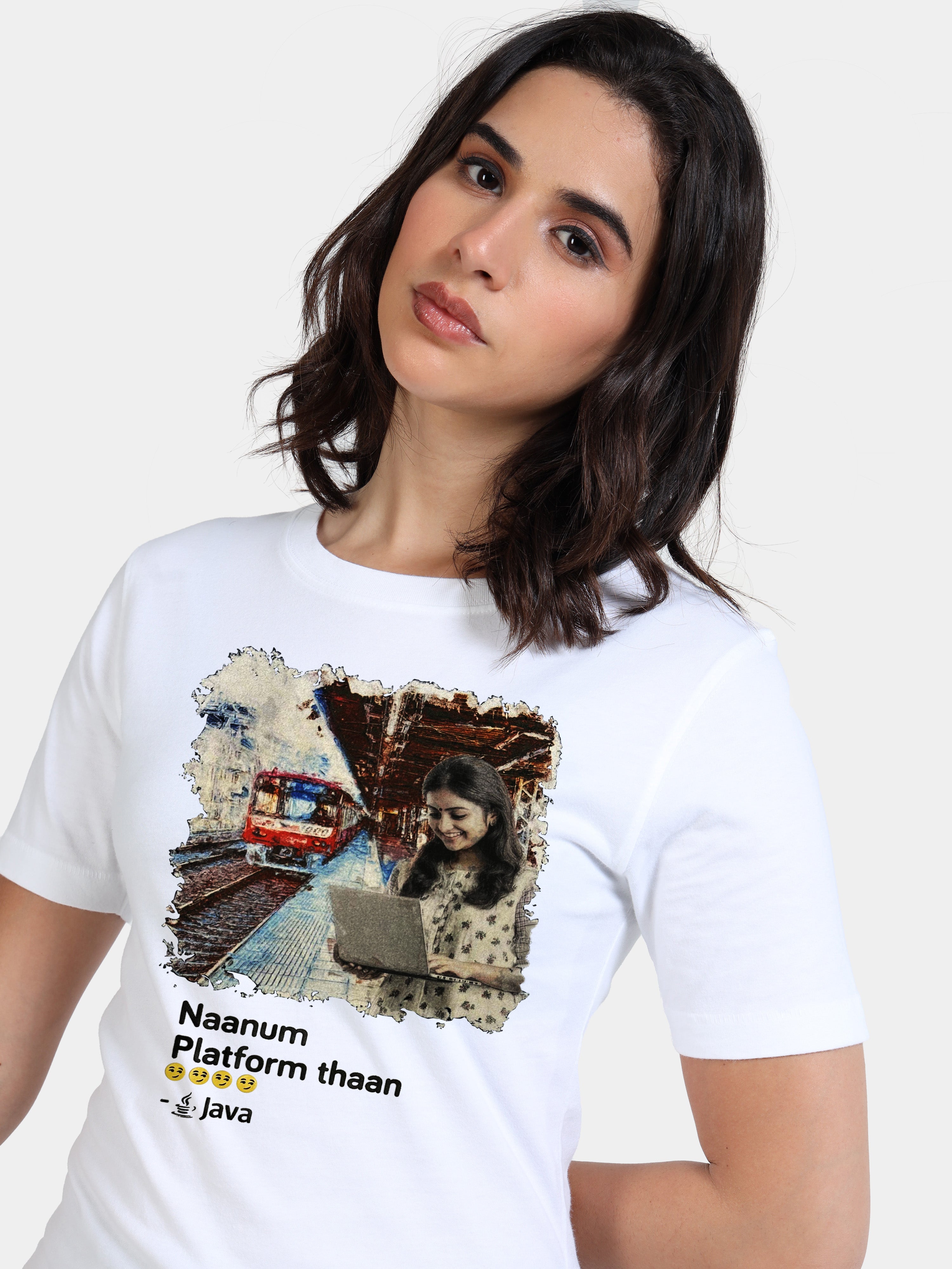 White Cotton Crew Neck Printed T-Shirt For Women