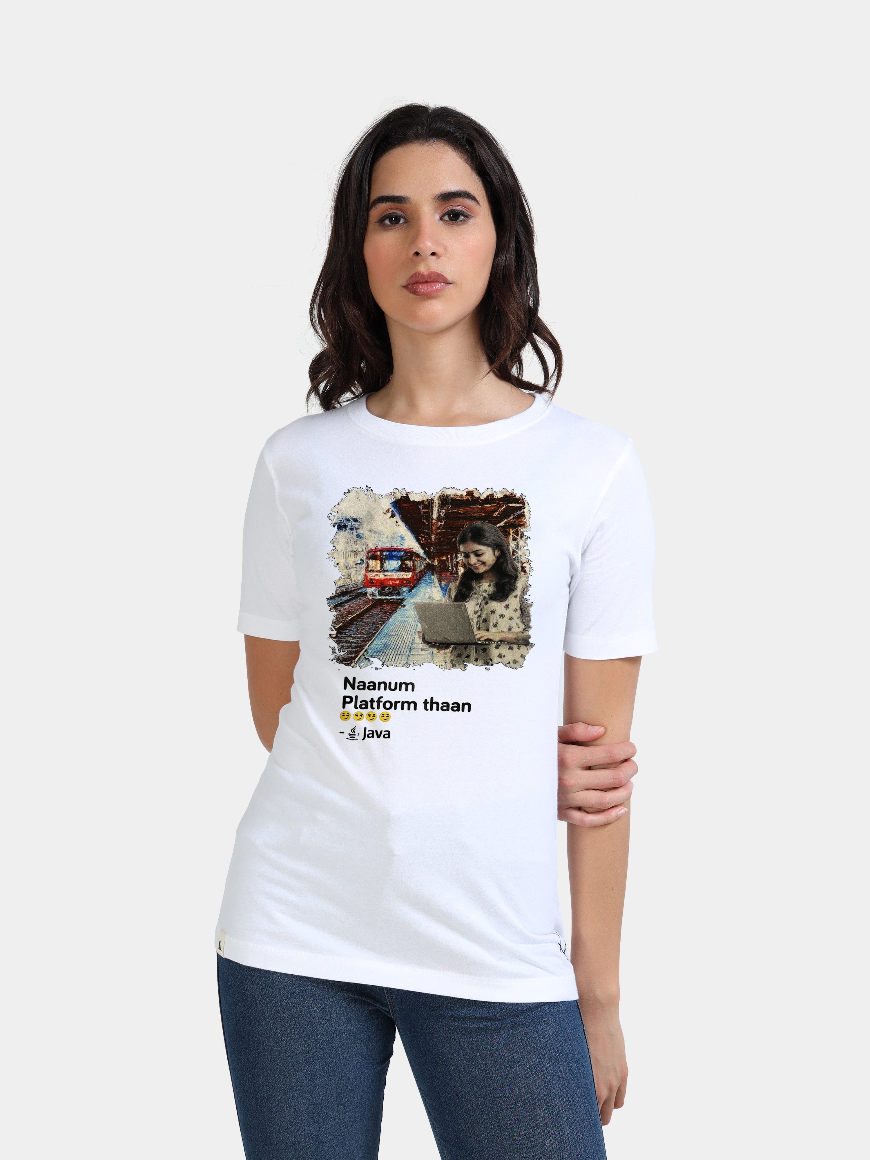 White Cotton Crew Neck Printed T-Shirt For Women