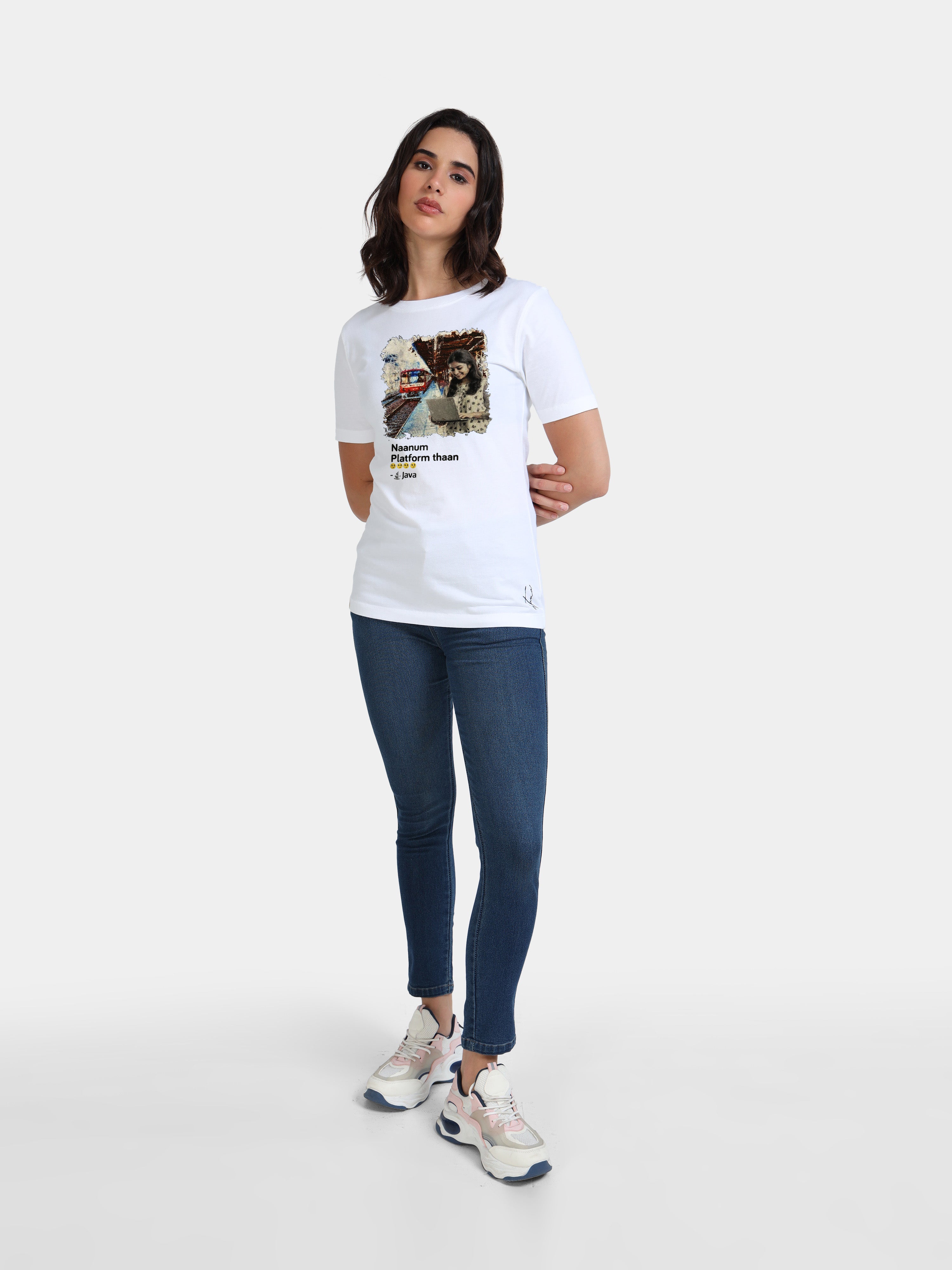White Cotton Crew Neck Printed T-Shirt For Women