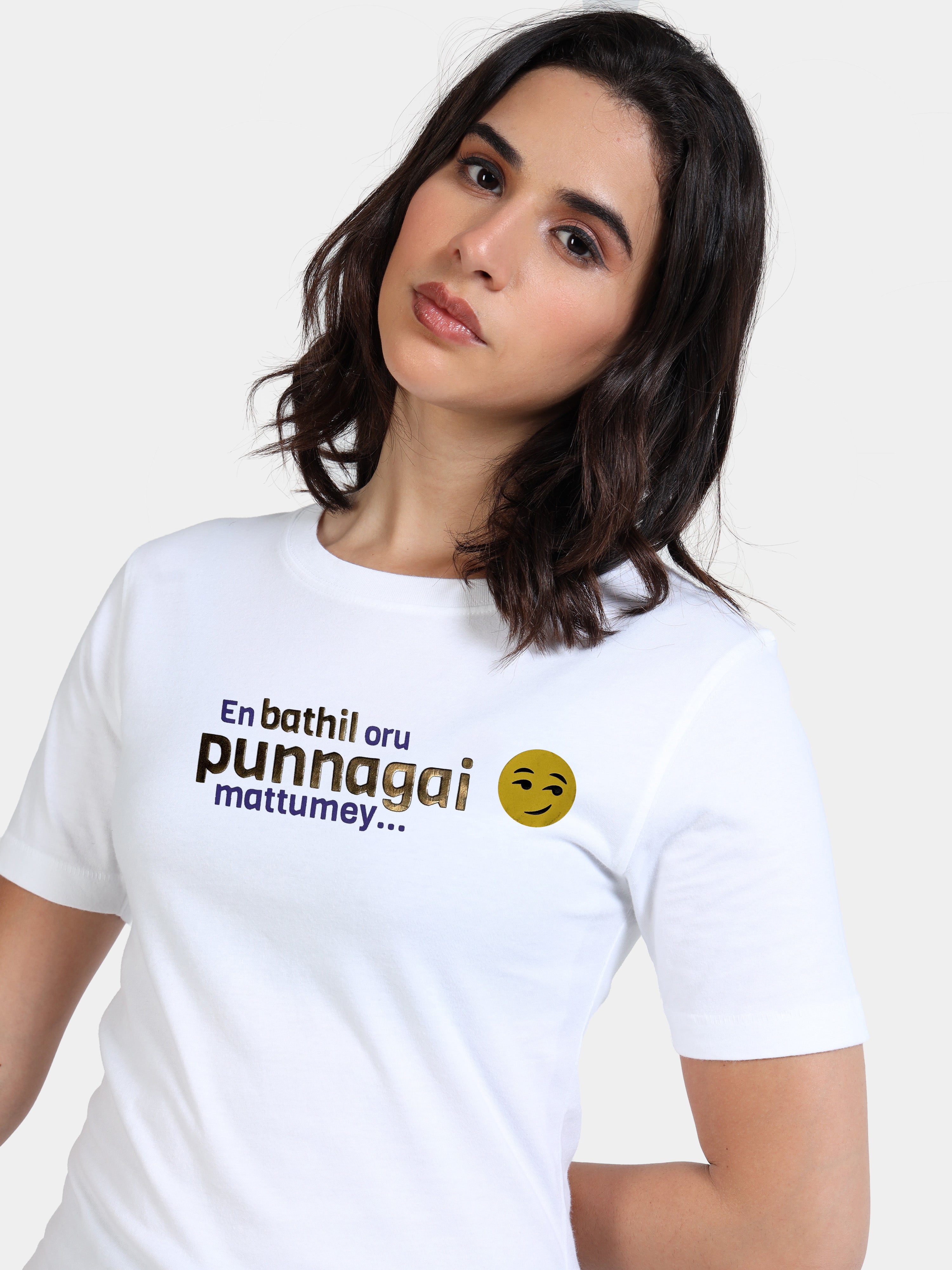 White Cotton Crew Neck Printed T-Shirt For Women