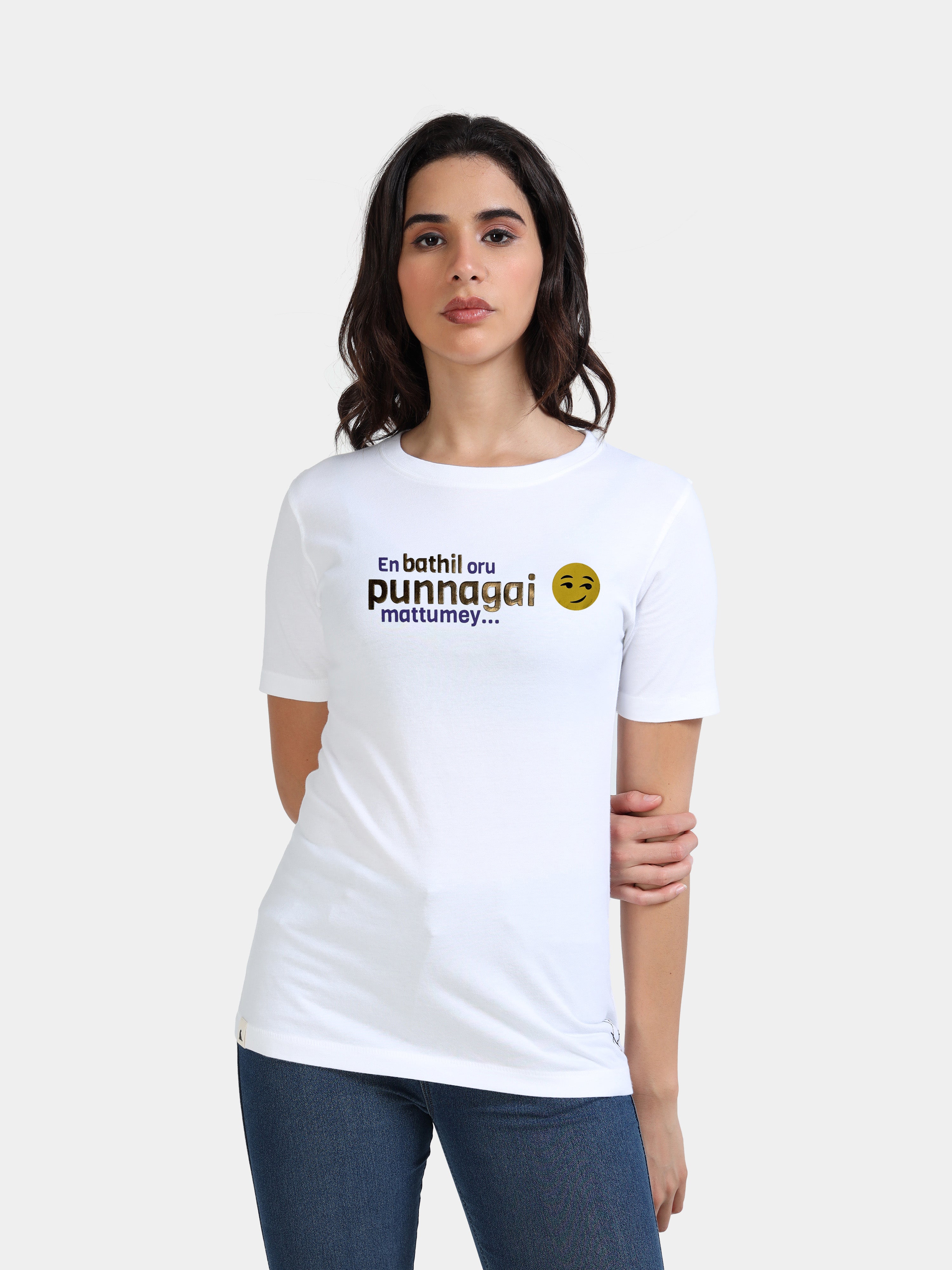 White Cotton Crew Neck Printed T-Shirt For Women