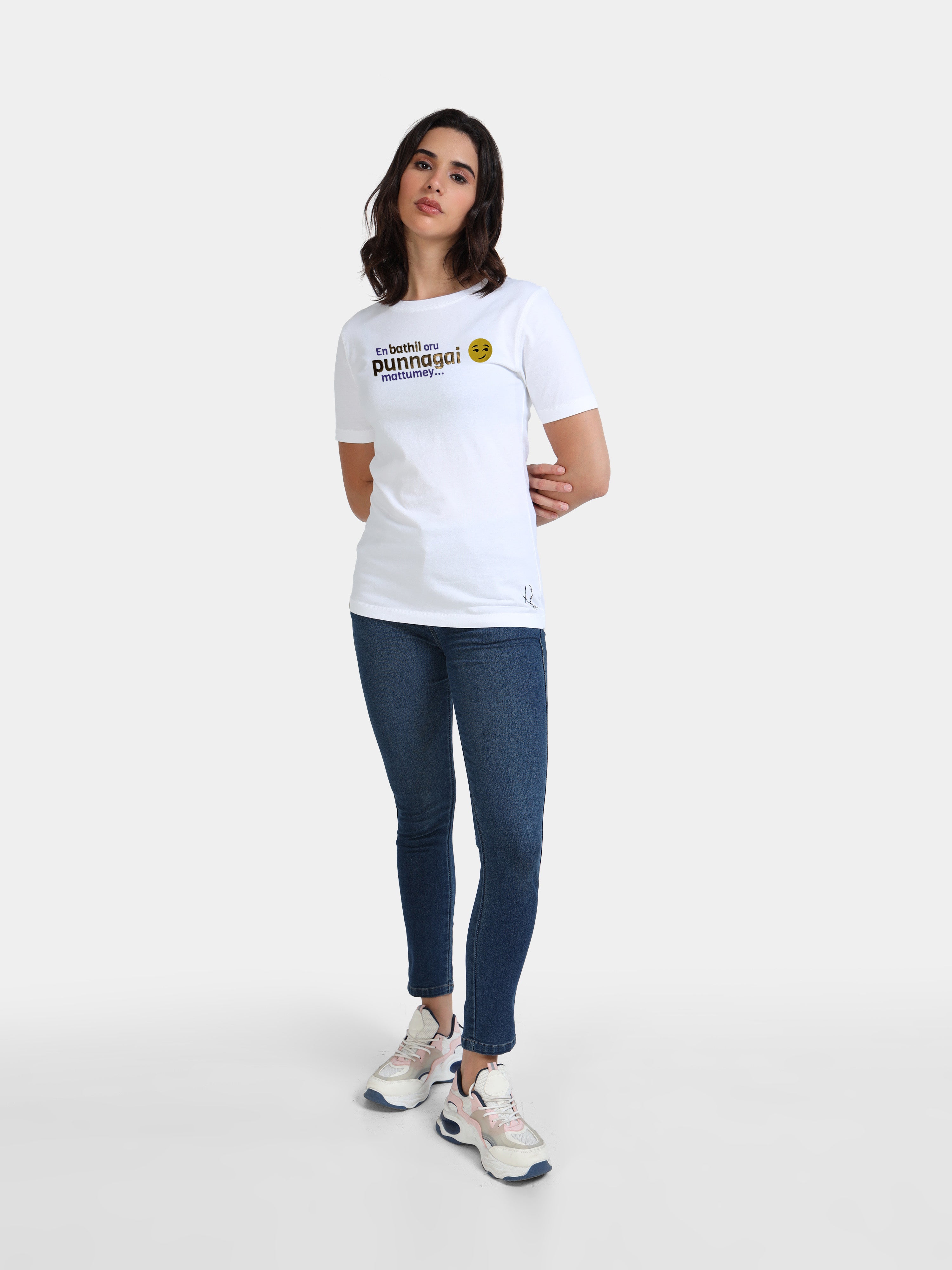 White Cotton Crew Neck Printed T-Shirt For Women