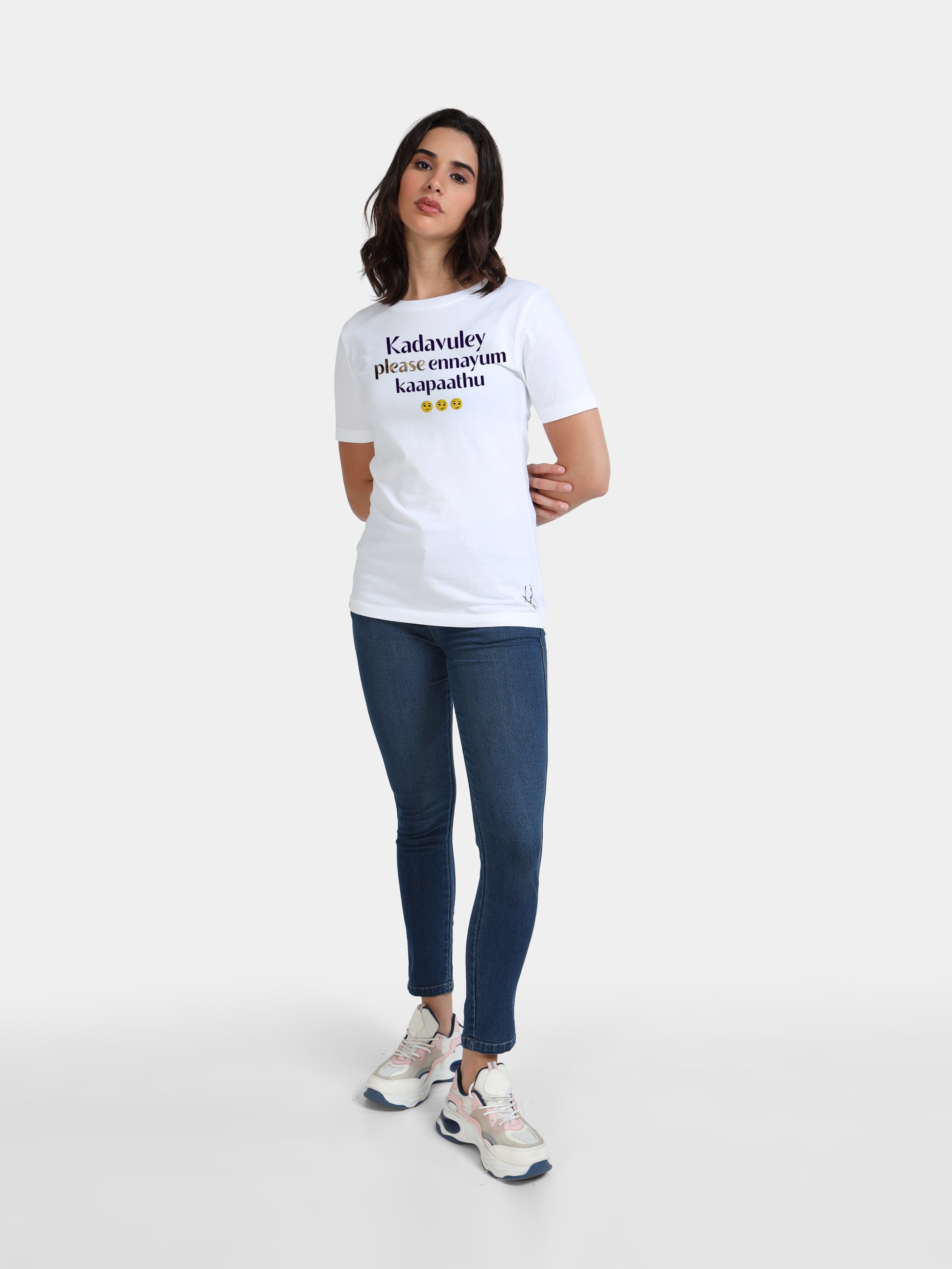 White Cotton Crew Neck Printed T-Shirt For Women