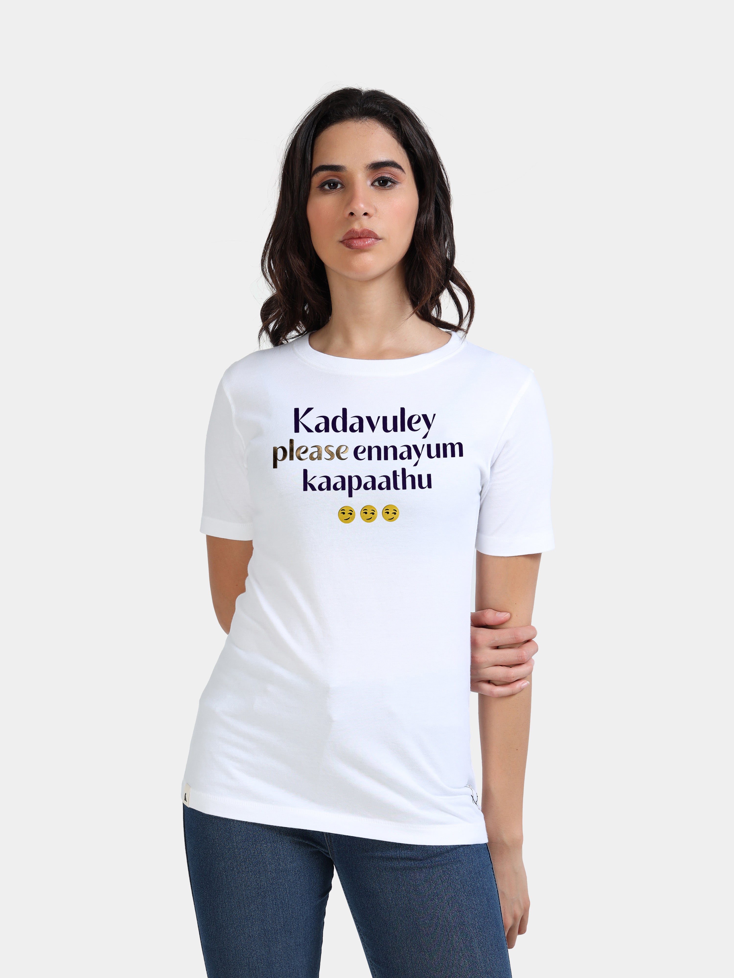 White Cotton Crew Neck Printed T-Shirt For Women