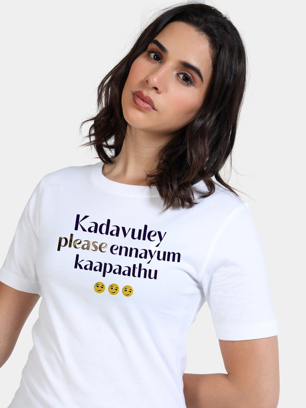 White Cotton Crew Neck Printed T-Shirt For Women