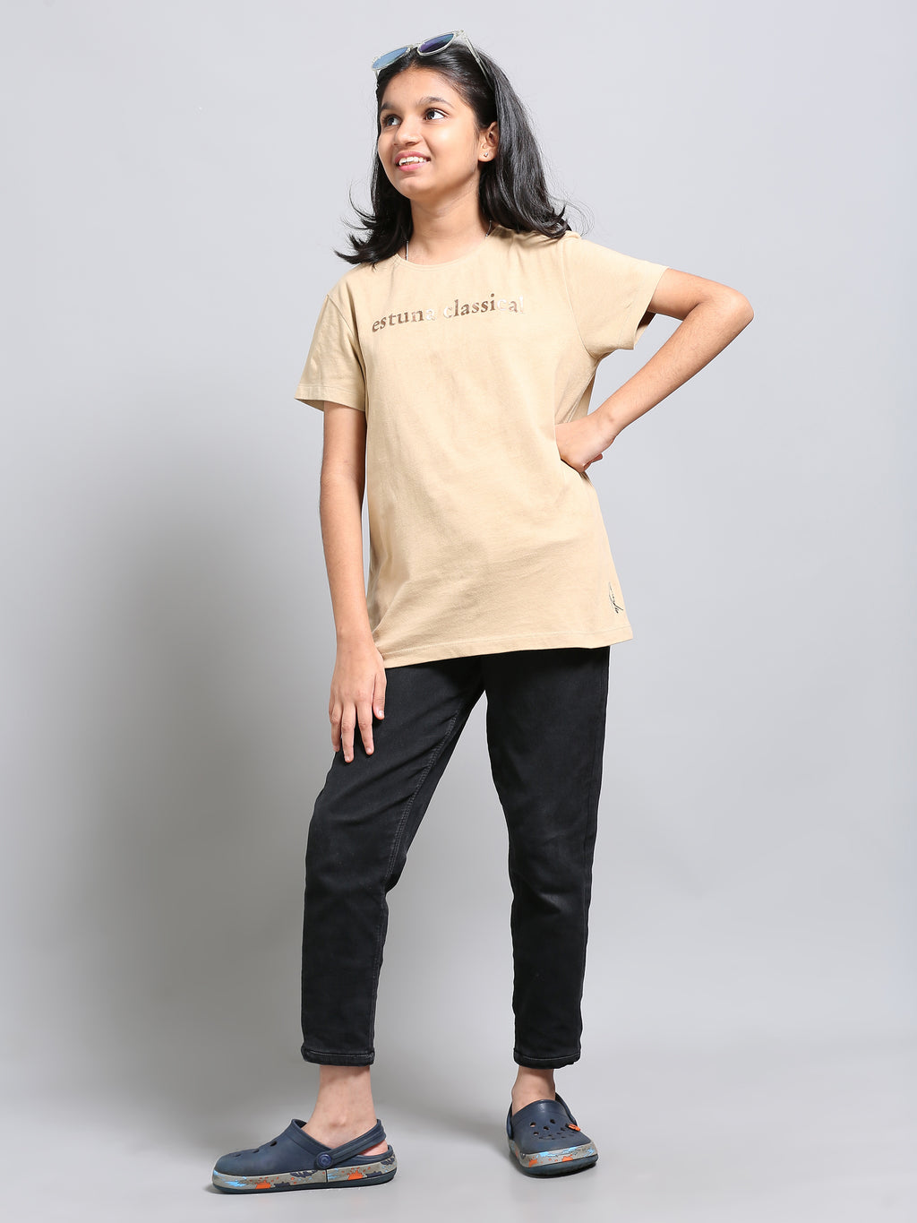 Beige 100% Cotton Crew Neck Girl's T Shirt