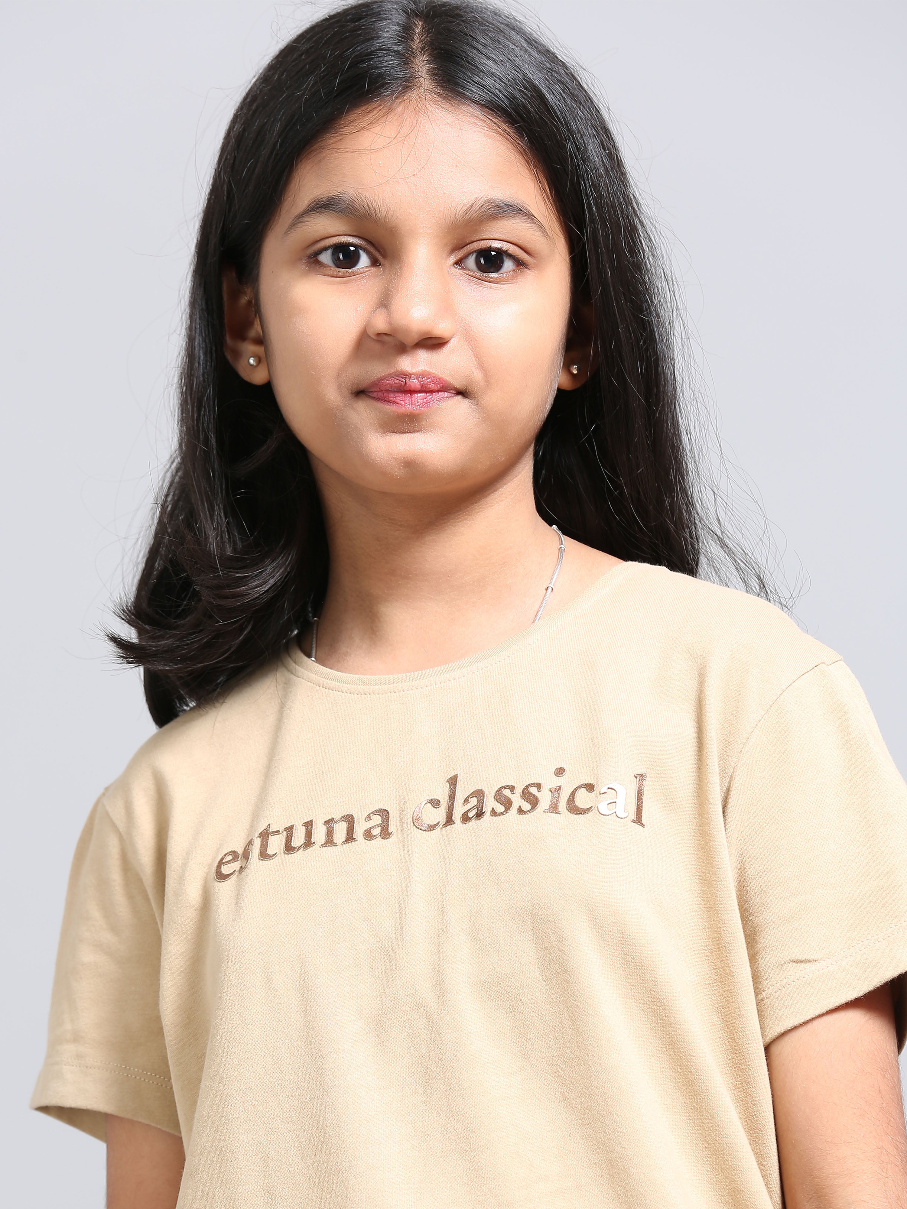 Beige 100% Cotton Crew Neck Girl's T Shirt