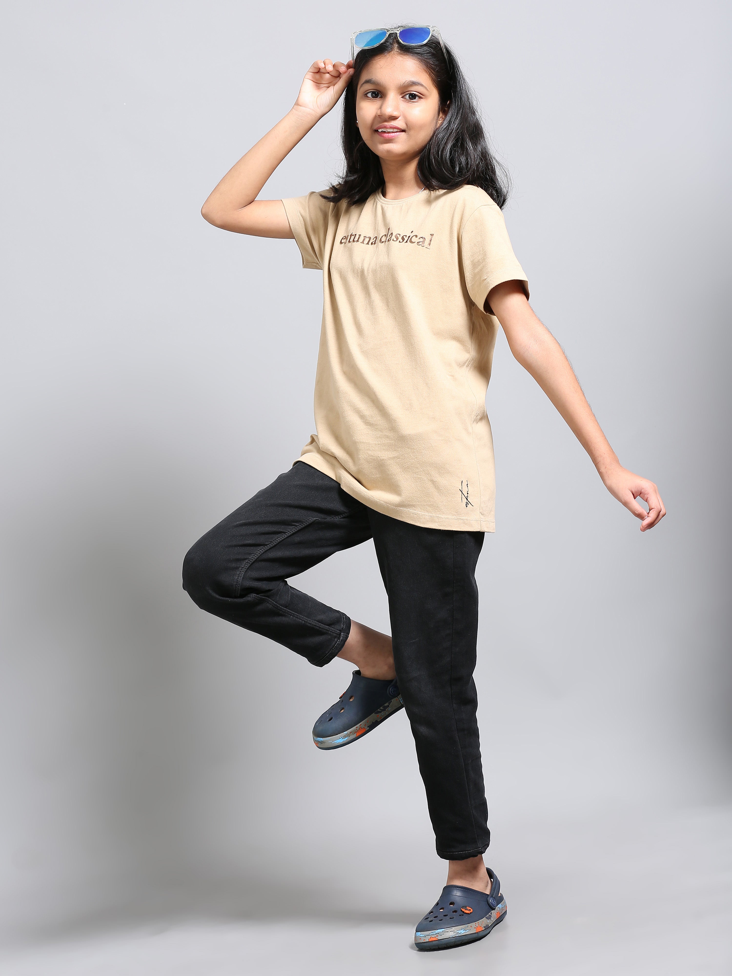 Beige 100% Cotton Crew Neck Girl's T Shirt