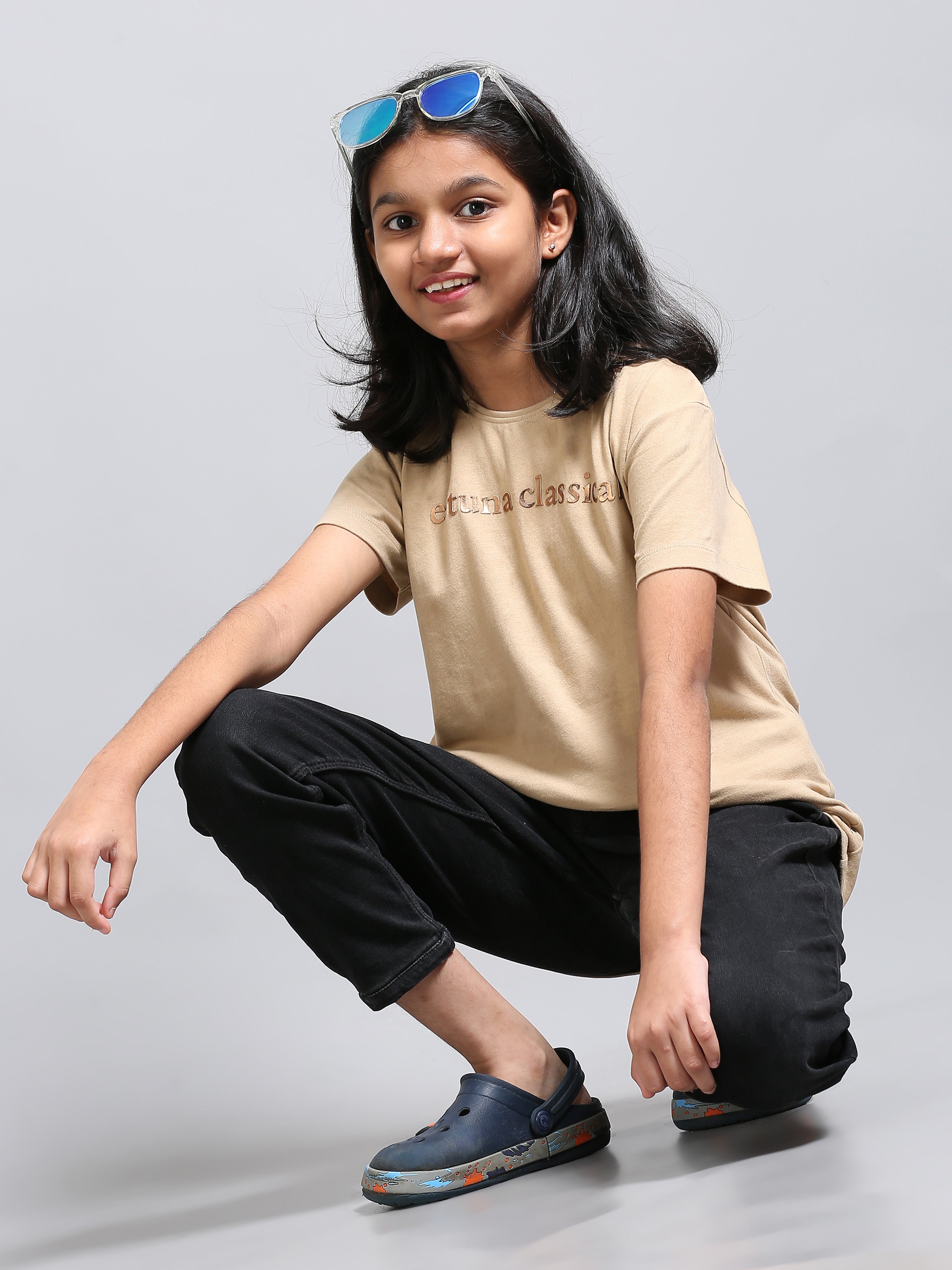 Beige 100% Cotton Crew Neck Girl's T Shirt