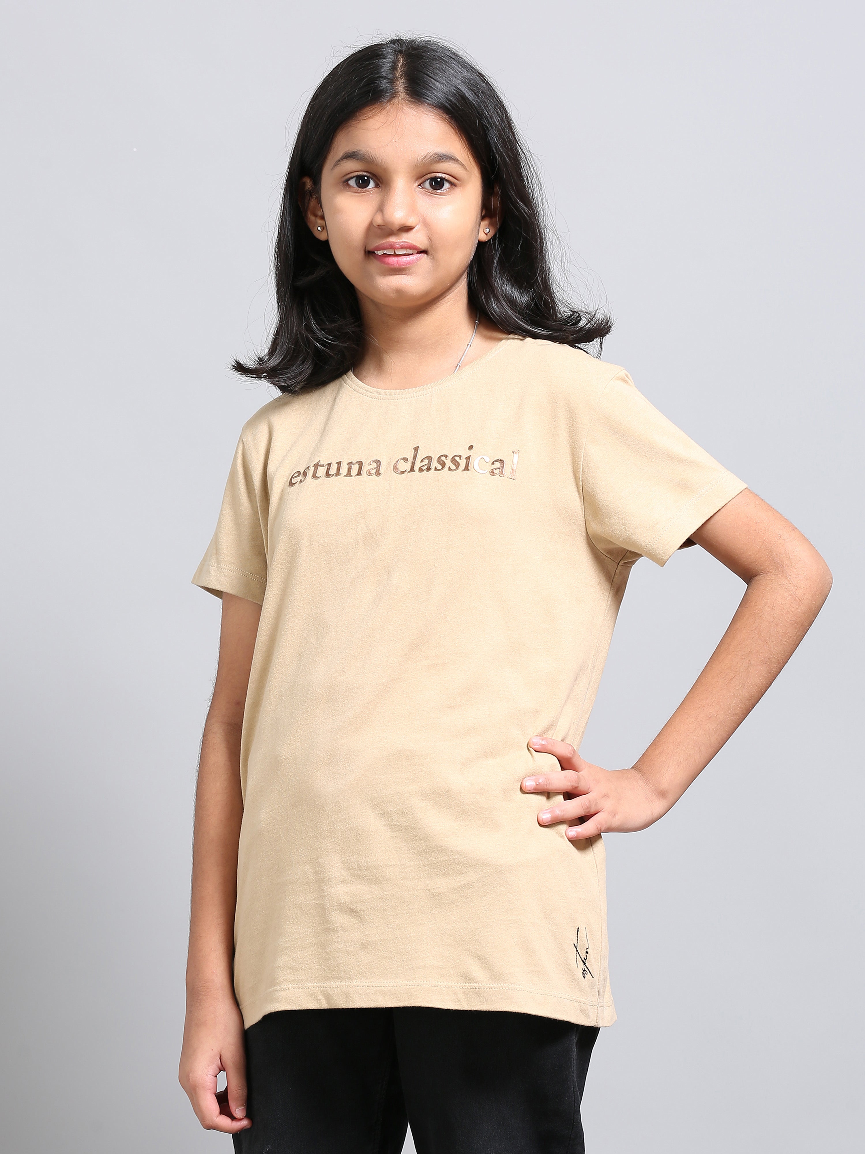 Beige 100% Cotton Crew Neck Girl's T Shirt