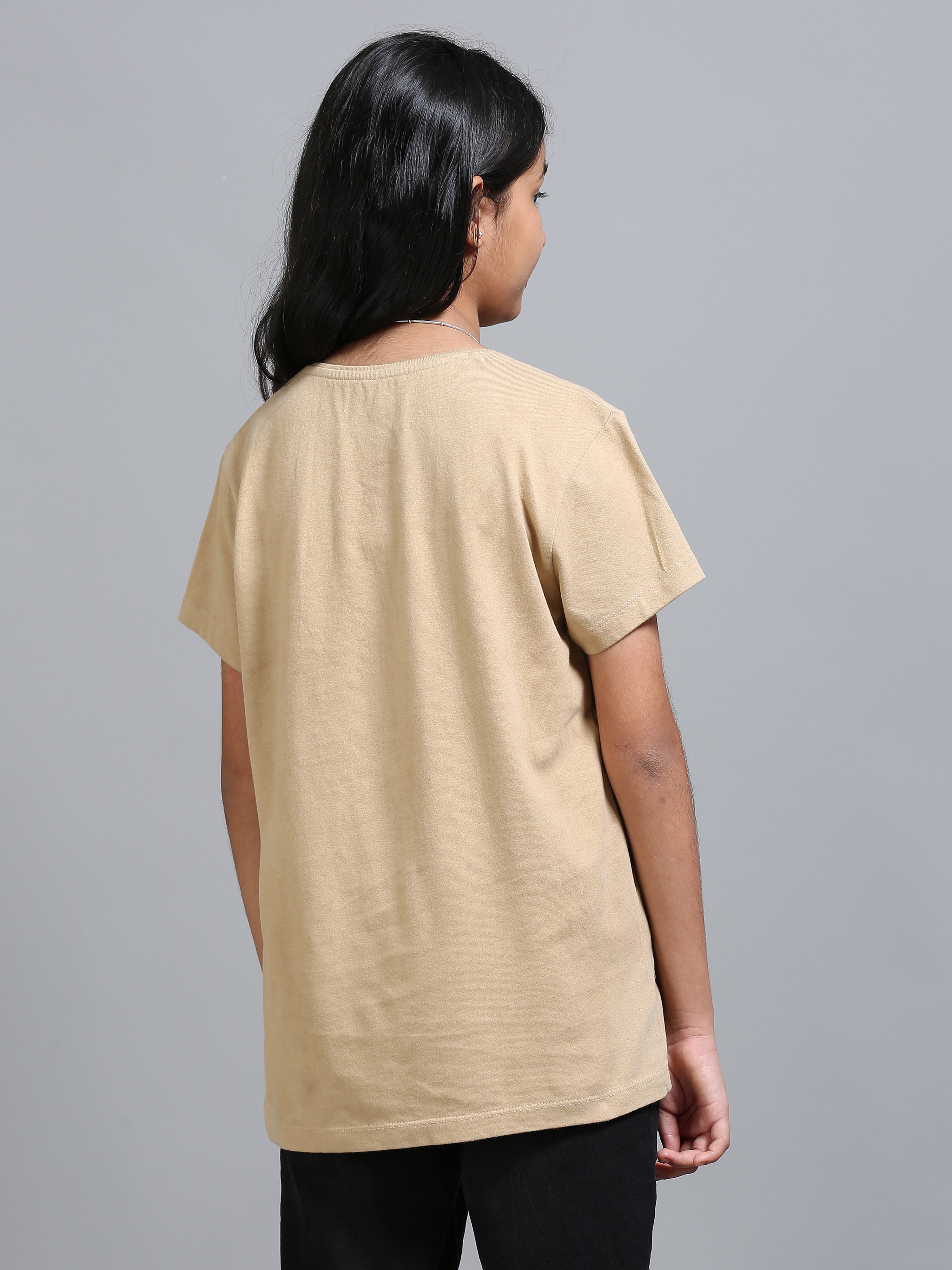 Beige 100% Cotton Crew Neck Girl's T Shirt